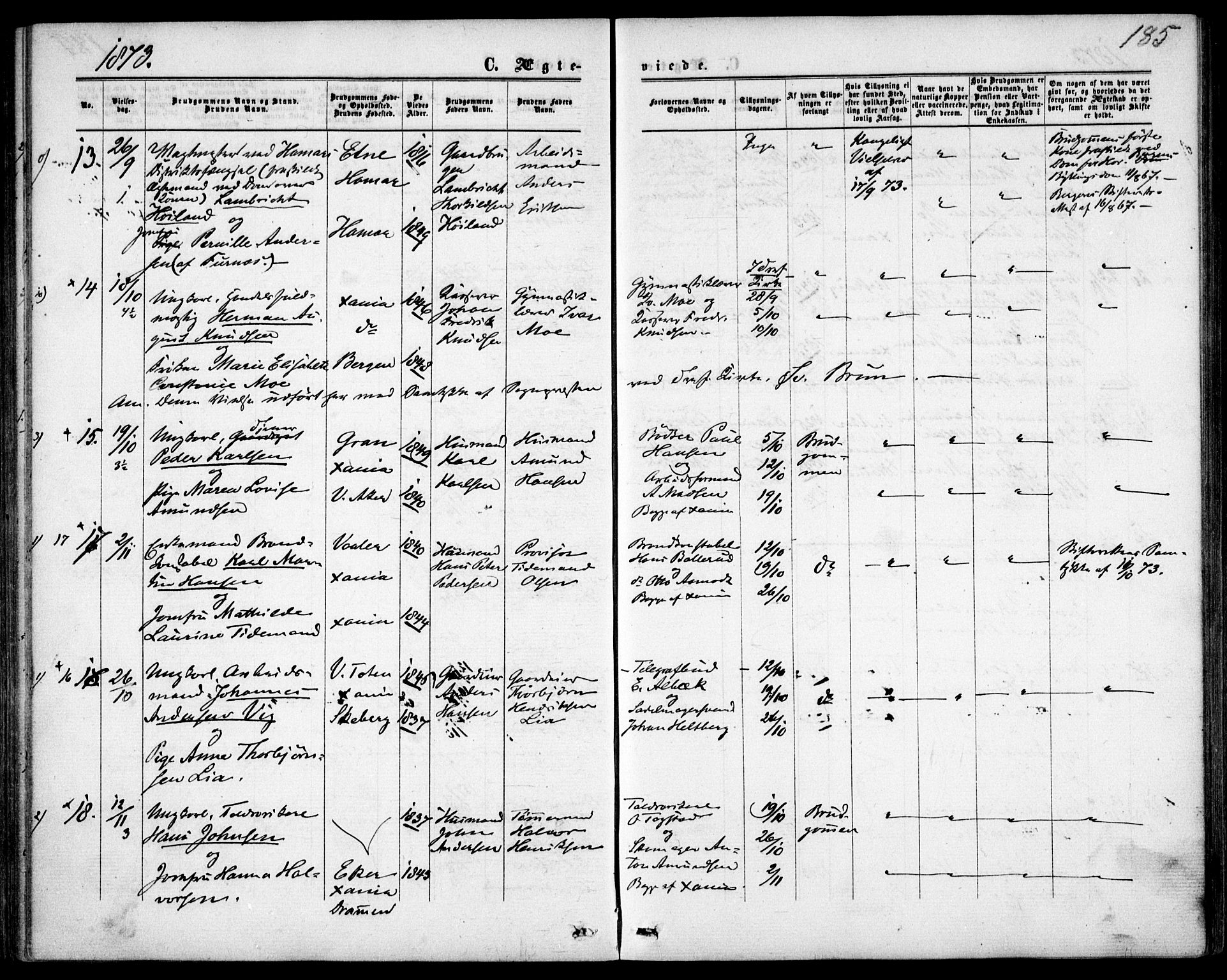 Garnisonsmenigheten Kirkebøker, AV/SAO-A-10846/F/Fa/L0011: Parish register (official) no. 11, 1870-1880, p. 185