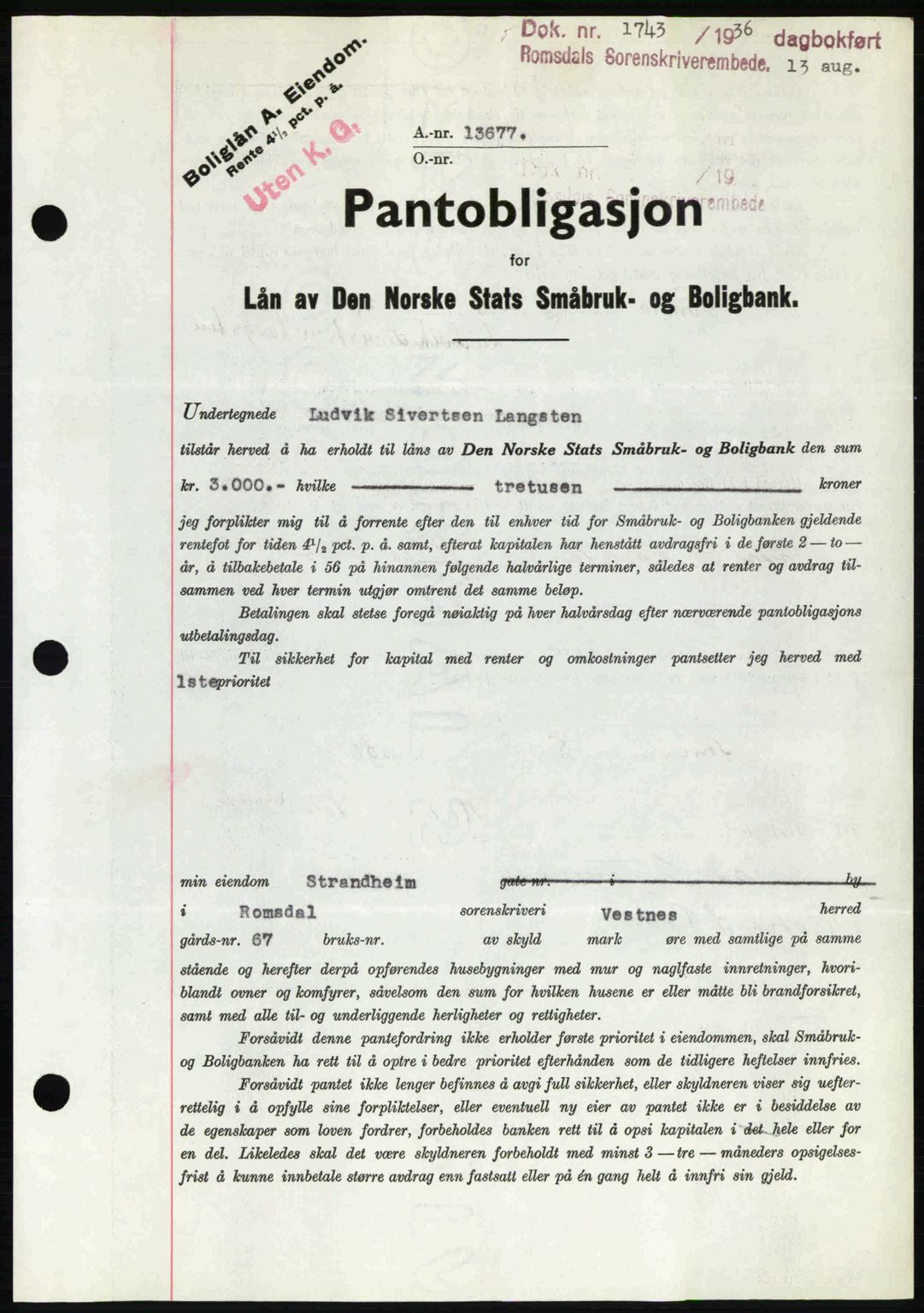 Romsdal sorenskriveri, SAT/A-4149/1/2/2C: Mortgage book no. B1, 1936-1939, Diary no: : 1743/1936