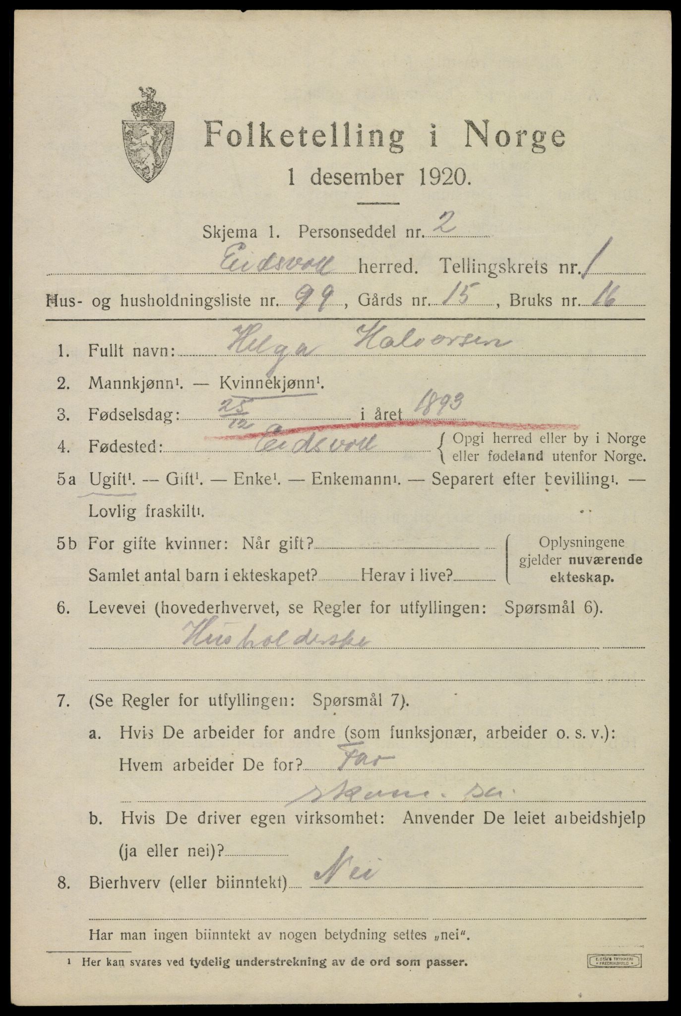 SAO, 1920 census for Eidsvoll, 1920, p. 4777