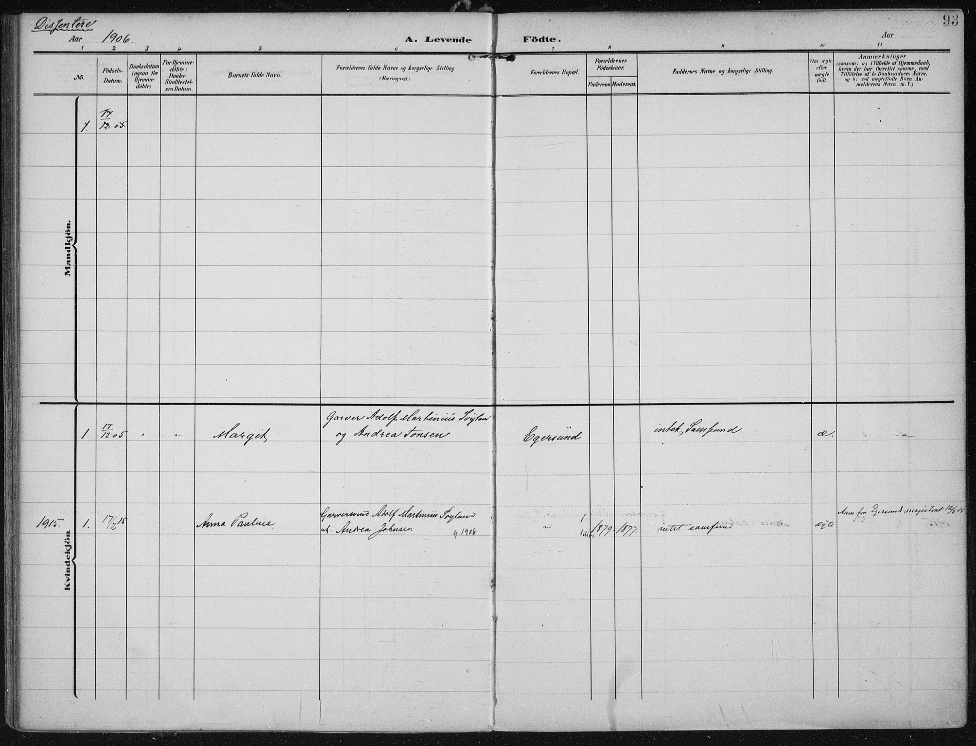 Eigersund sokneprestkontor, SAST/A-101807/S08/L0022: Parish register (official) no. A 21, 1905-1928, p. 93