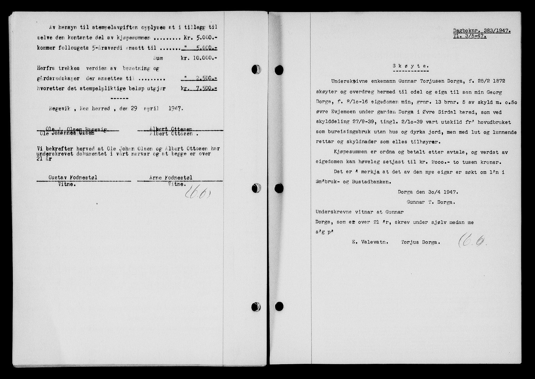 Flekkefjord sorenskriveri, SAK/1221-0001/G/Gb/Gba/L0062: Mortgage book no. A-10, 1947-1947, Diary no: : 383/1947