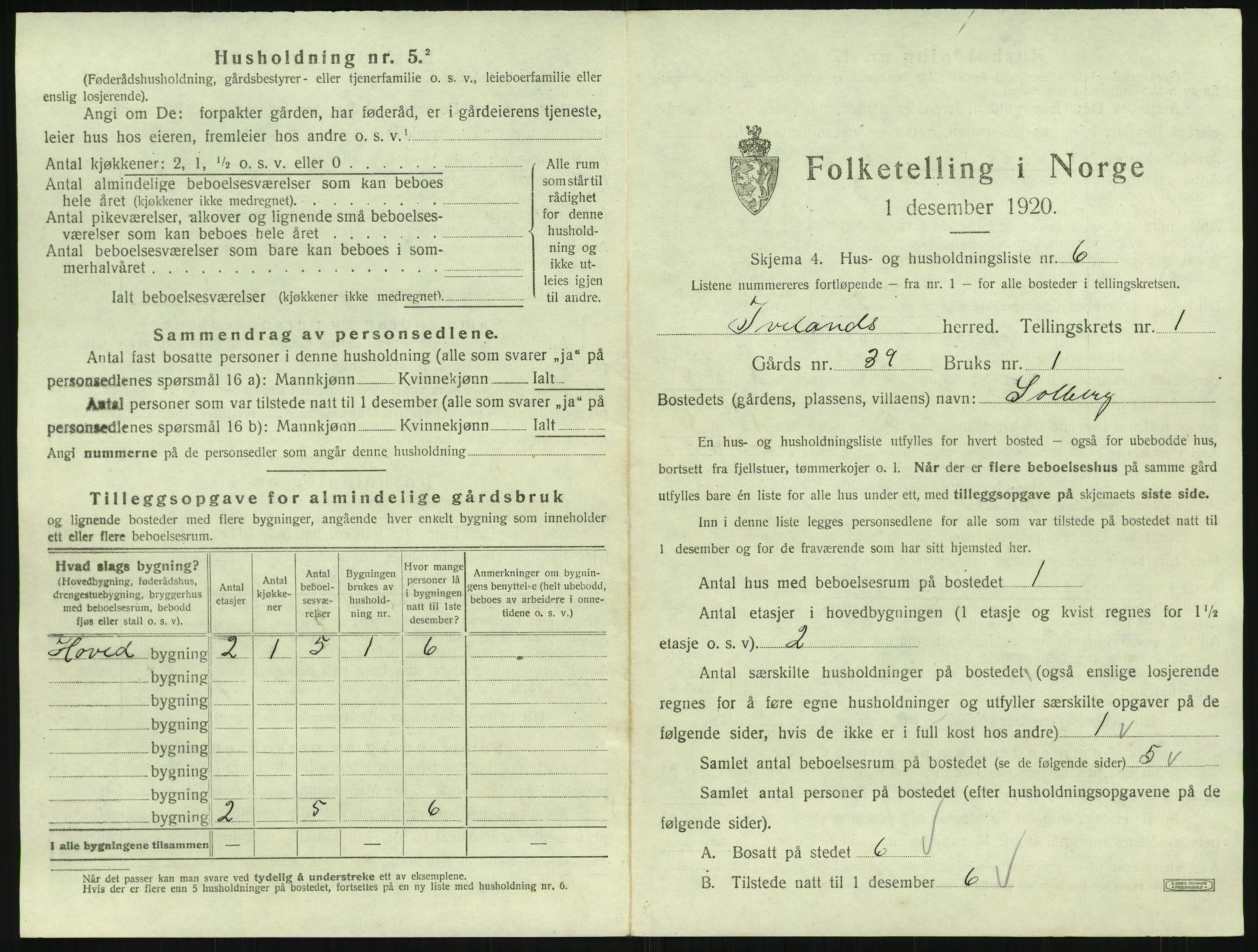 SAK, 1920 census for Iveland, 1920, p. 47