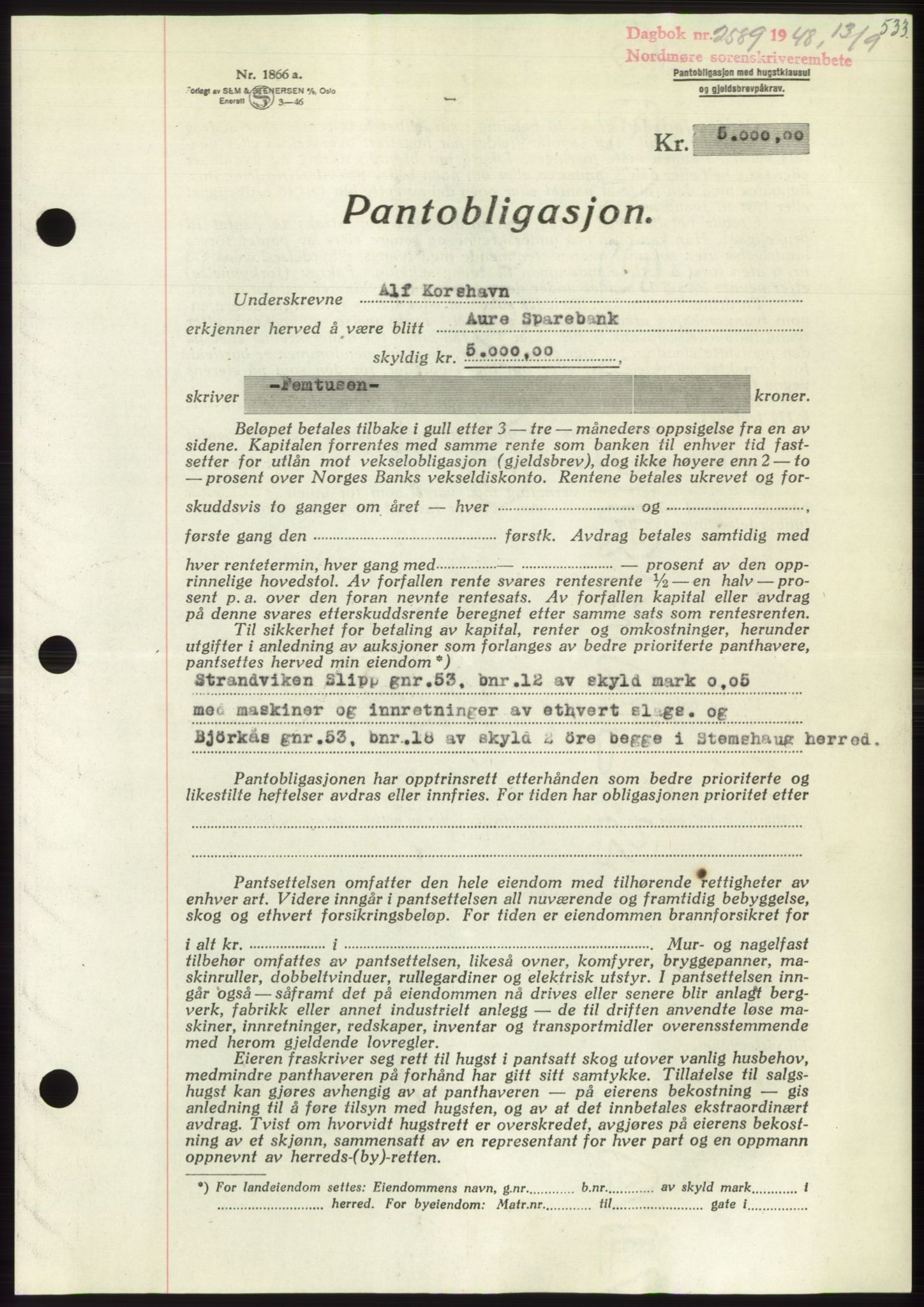 Nordmøre sorenskriveri, AV/SAT-A-4132/1/2/2Ca: Mortgage book no. B99, 1948-1948, Diary no: : 2589/1948