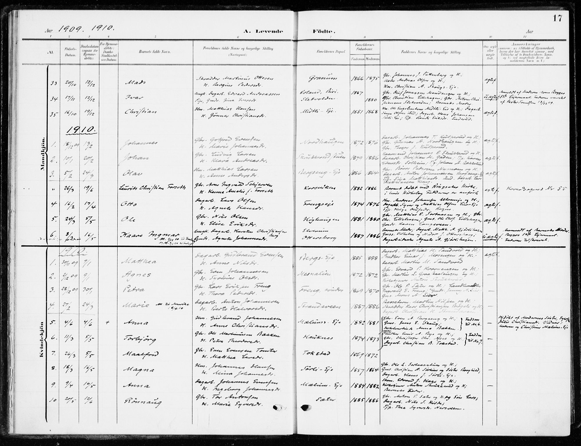 Ringsaker prestekontor, AV/SAH-PREST-014/K/Ka/L0021: Parish register (official) no. 21, 1905-1920, p. 17