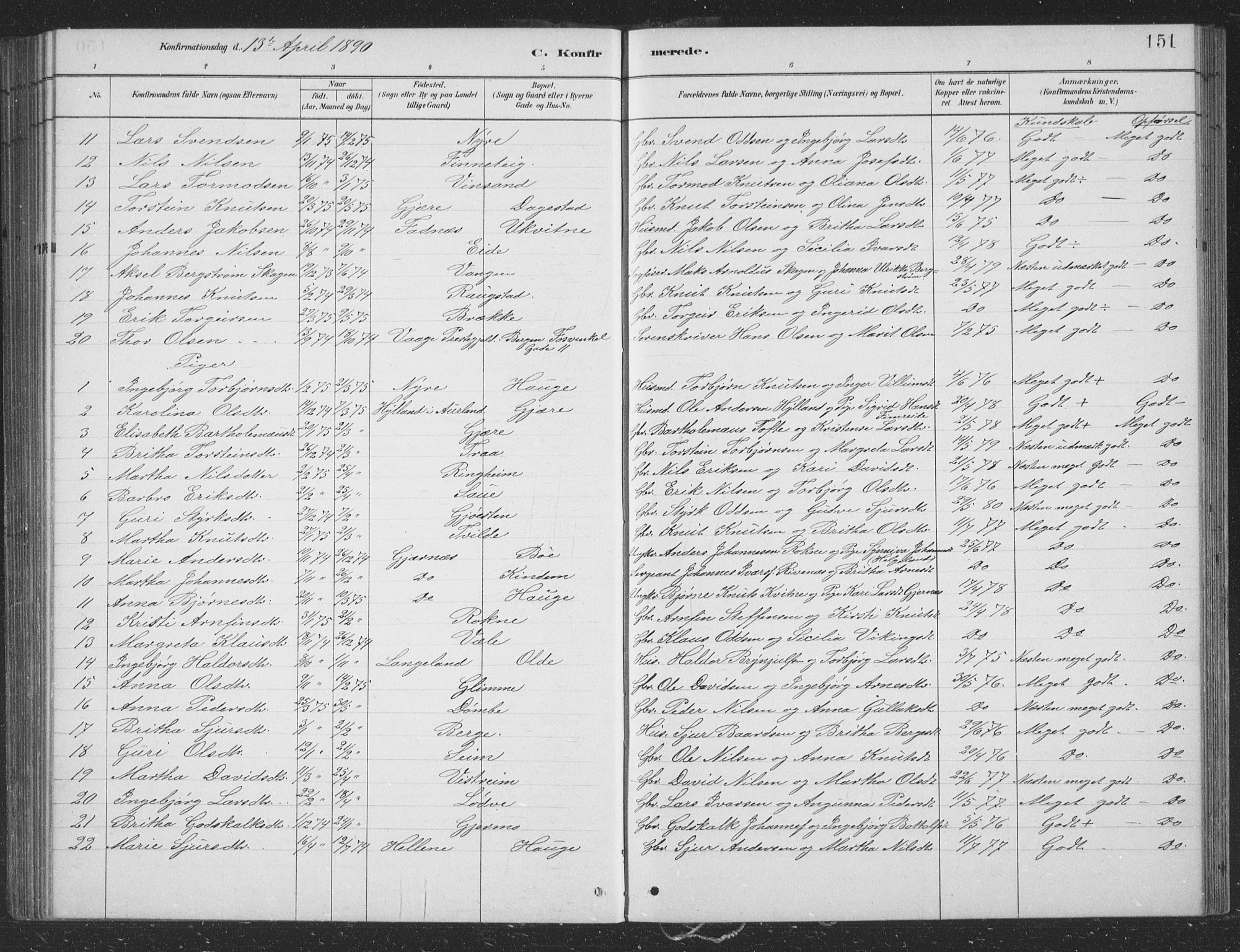 Voss sokneprestembete, SAB/A-79001/H/Hab: Parish register (copy) no. B 3, 1879-1894, p. 151