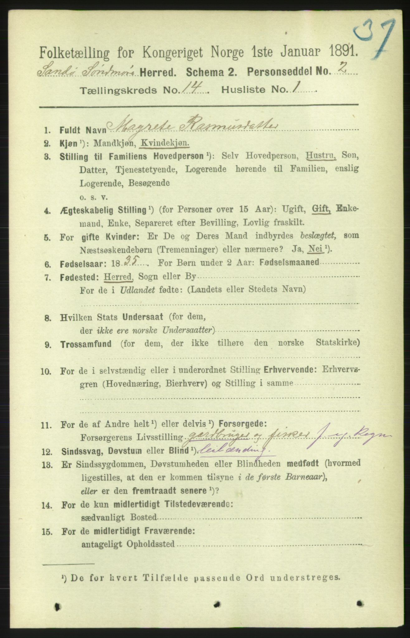 RA, 1891 census for 1514 Sande, 1891, p. 2860