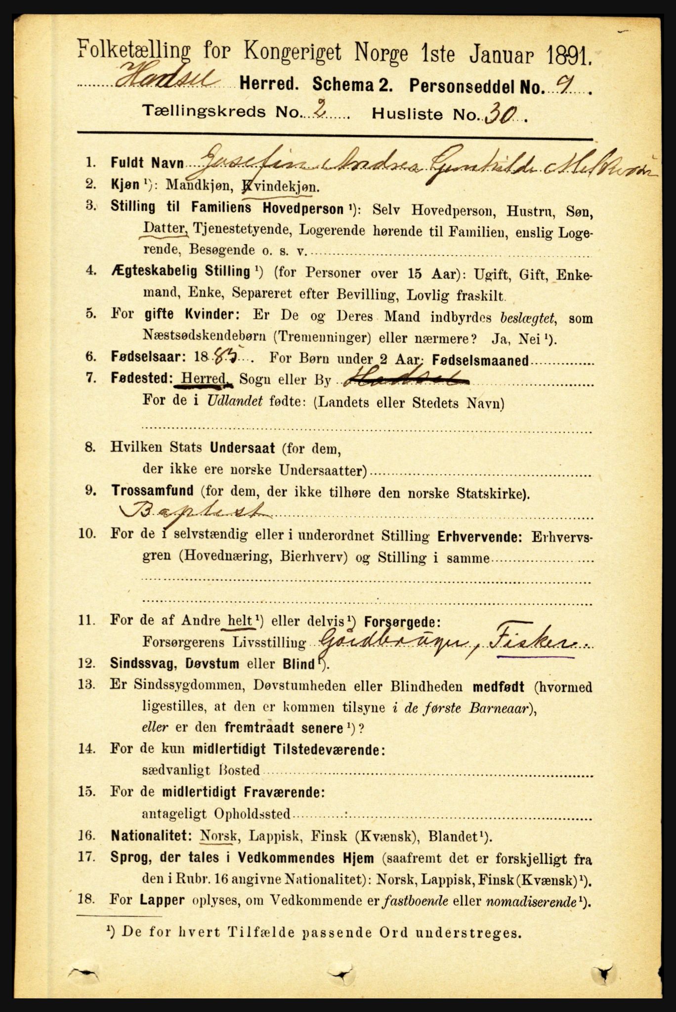 RA, 1891 census for 1866 Hadsel, 1891, p. 848