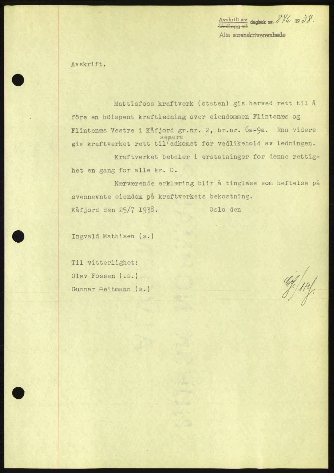 Alta fogderi/sorenskriveri, SATØ/SATØ-5/1/K/Kd/L0031pantebok: Mortgage book no. 31, 1938-1939, Diary no: : 876/1938