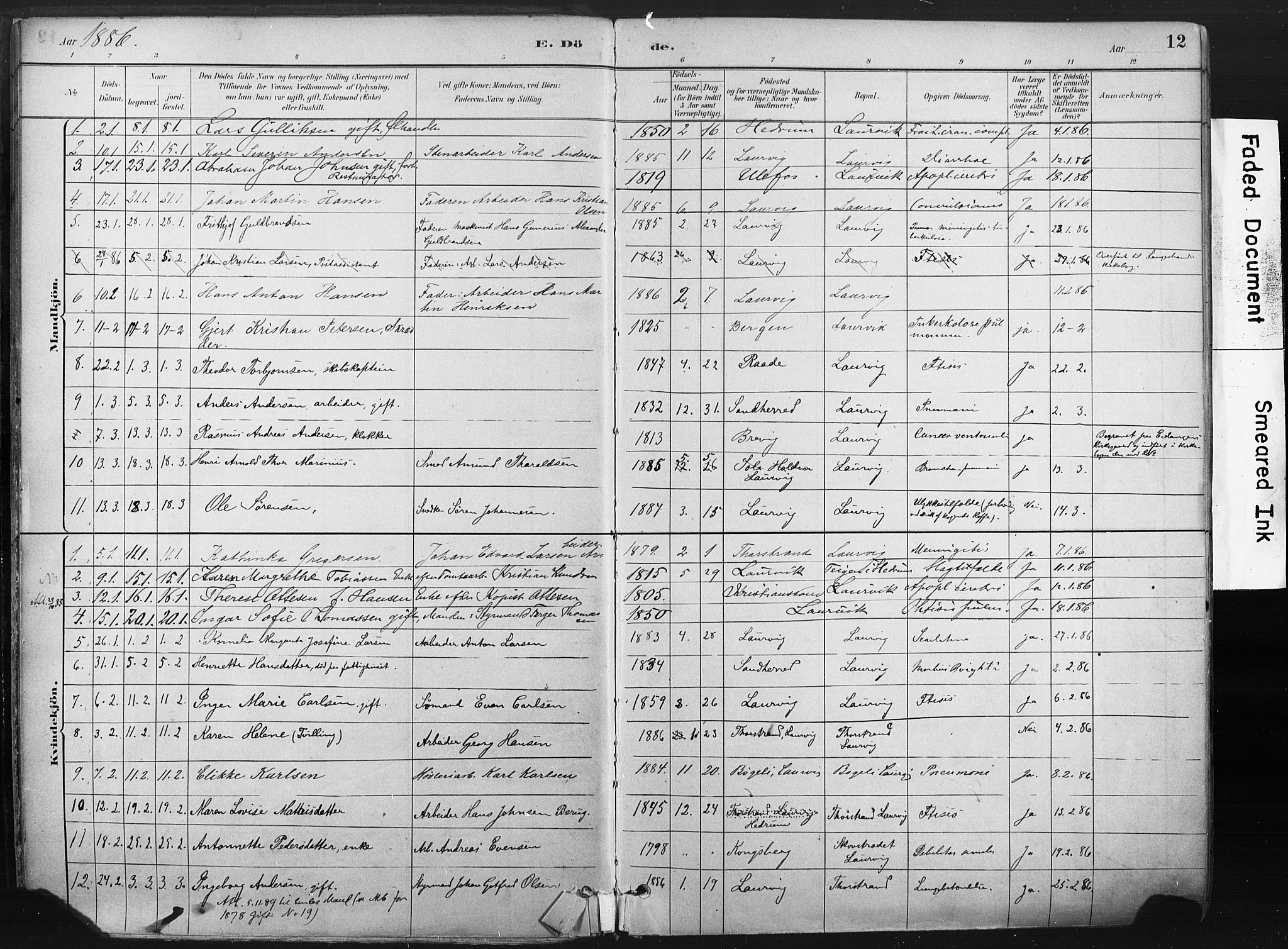 Larvik kirkebøker, SAKO/A-352/F/Fa/L0010: Parish register (official) no. I 10, 1884-1910, p. 12