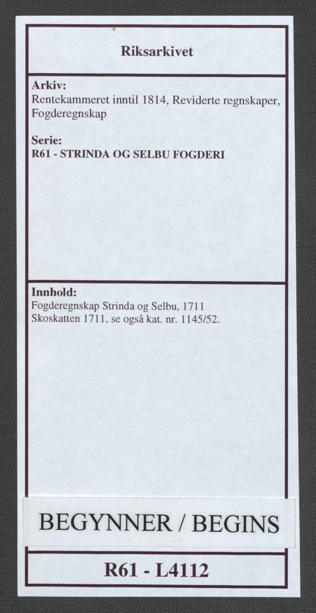 Rentekammeret inntil 1814, Reviderte regnskaper, Fogderegnskap, AV/RA-EA-4092/R61/L4112: Fogderegnskap Strinda og Selbu, 1711, p. 1