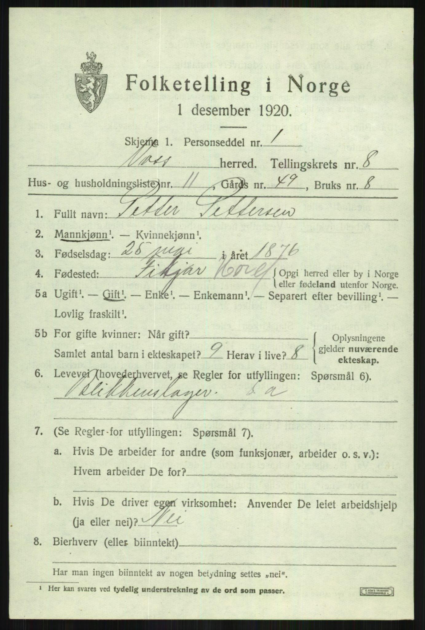 SAB, 1920 census for Voss, 1920, p. 7875