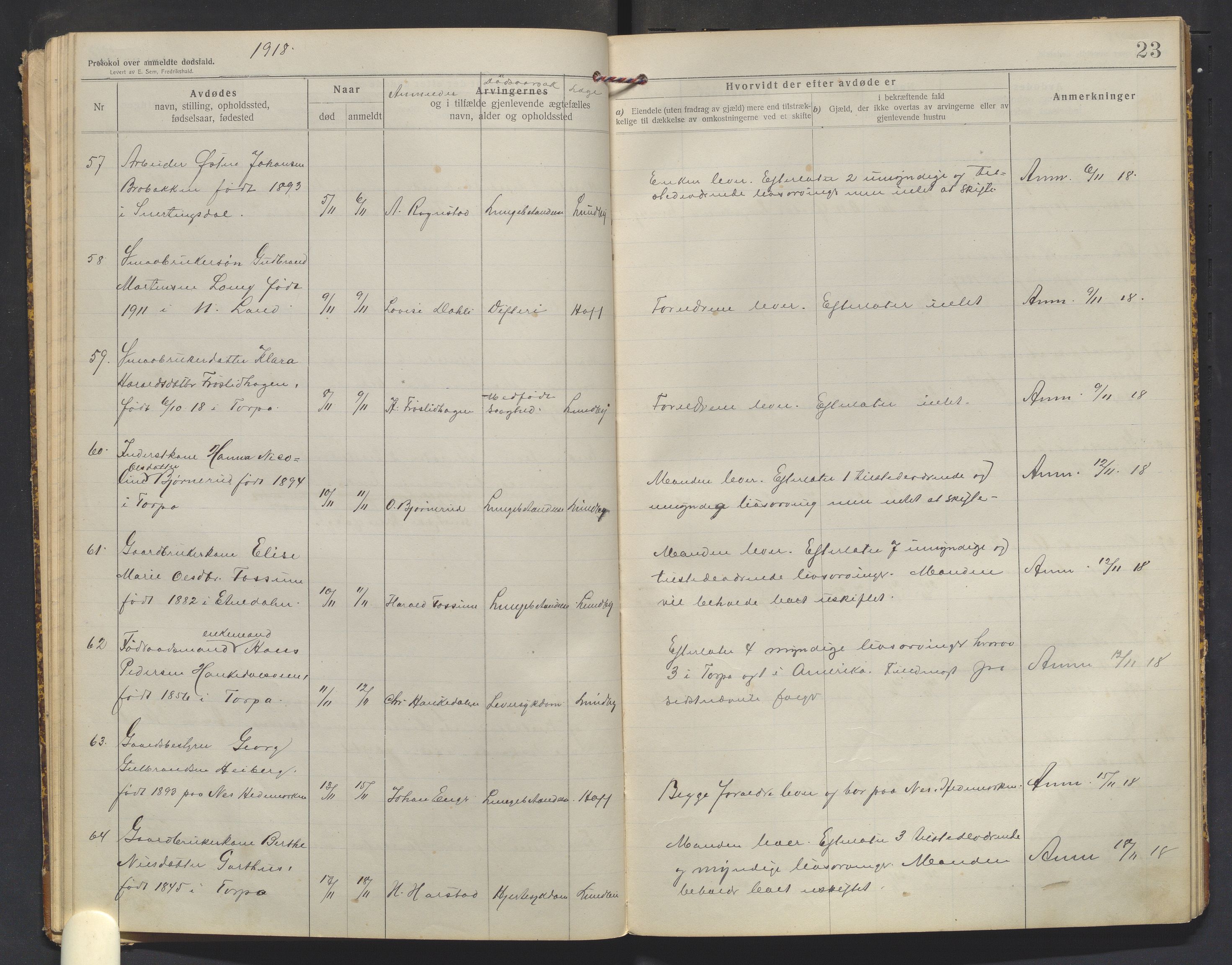 Nordre Land lensmannskontor, AV/SAH-LON-013/H/Ha/Haa/L0001/0003: Dødsfallsprotokoller / Dødsfallsprotokoll, 1916-1921, p. 23