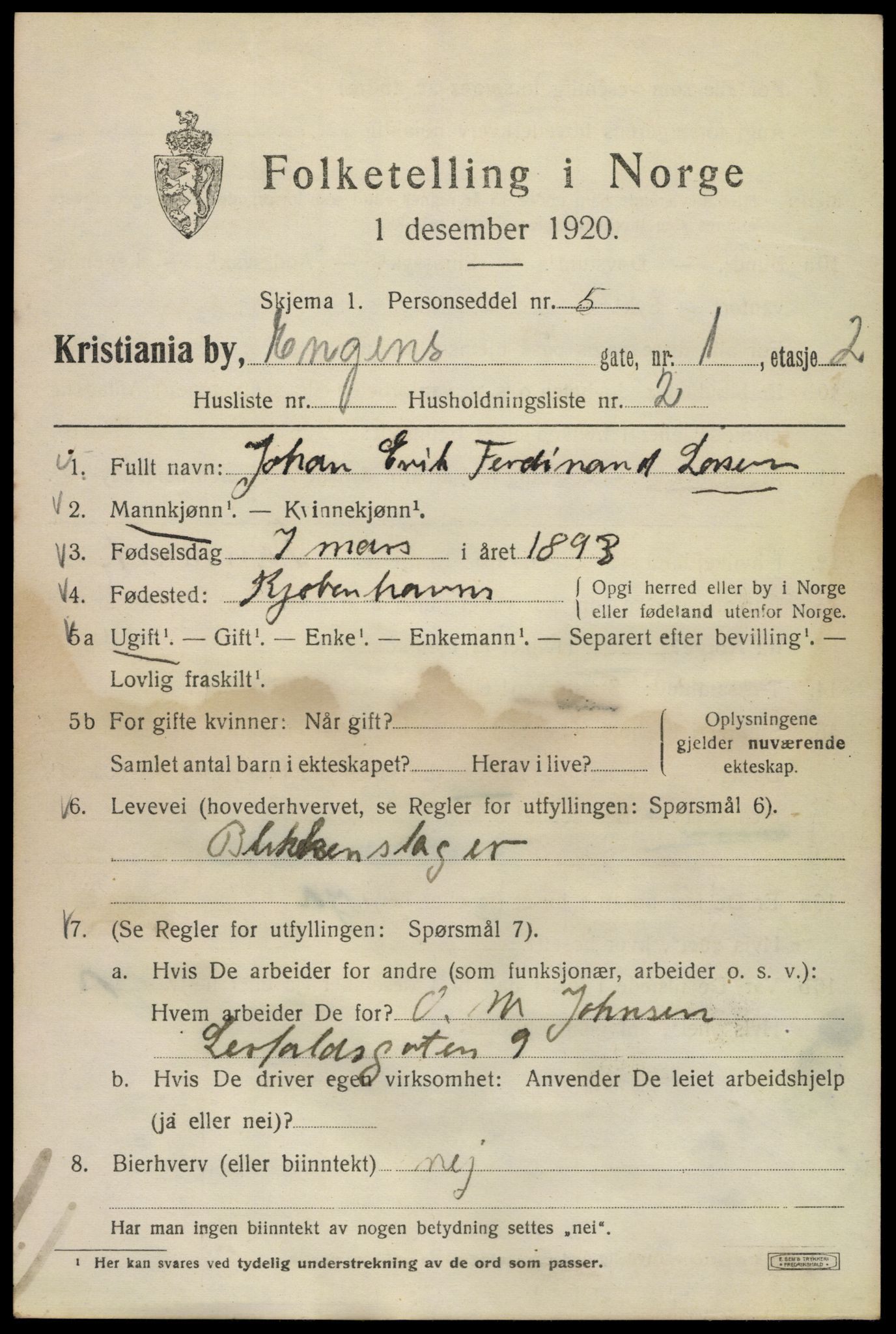 SAO, 1920 census for Kristiania, 1920, p. 218365