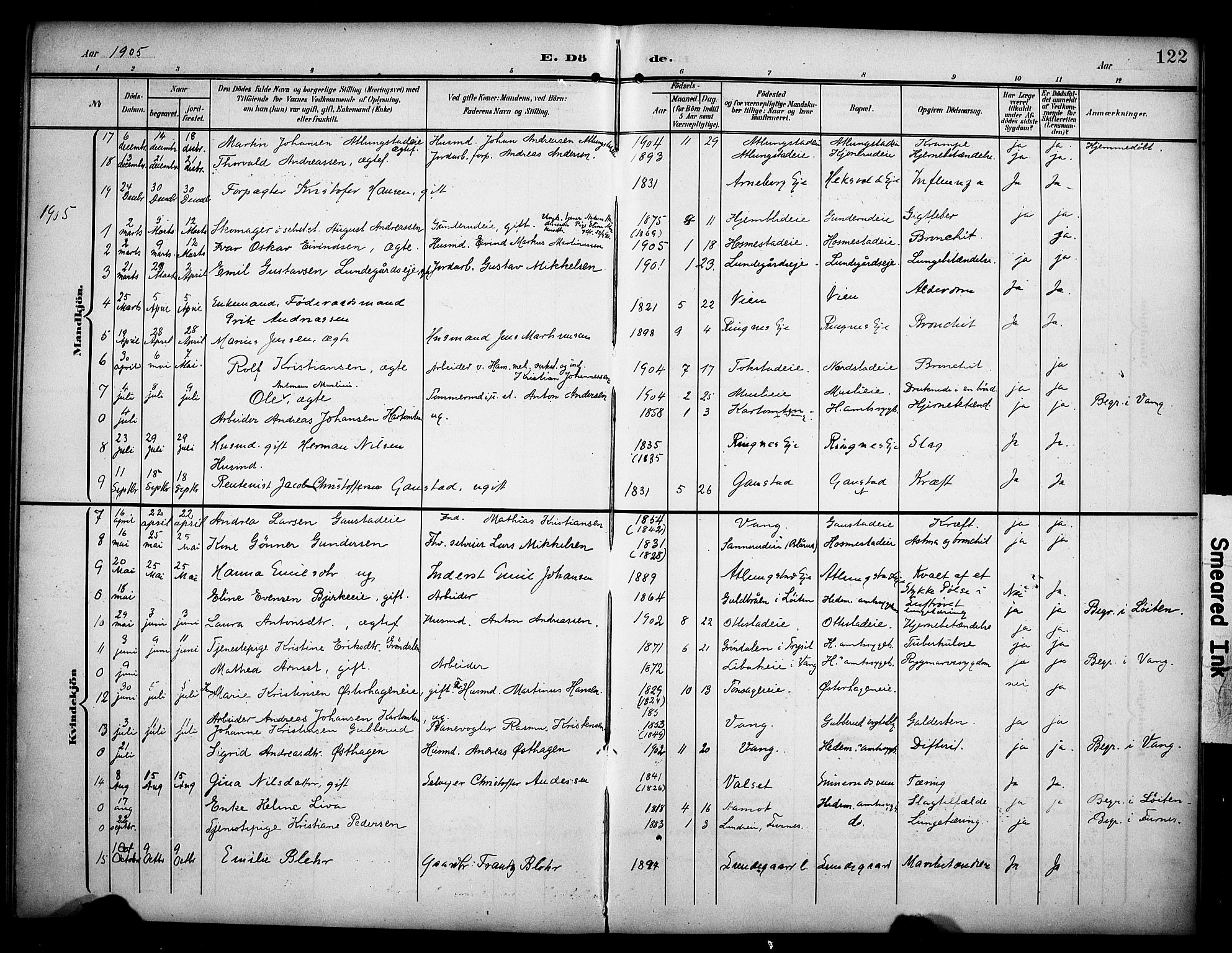 Stange prestekontor, AV/SAH-PREST-002/K/L0022: Parish register (official) no. 22, 1903-1914, p. 122