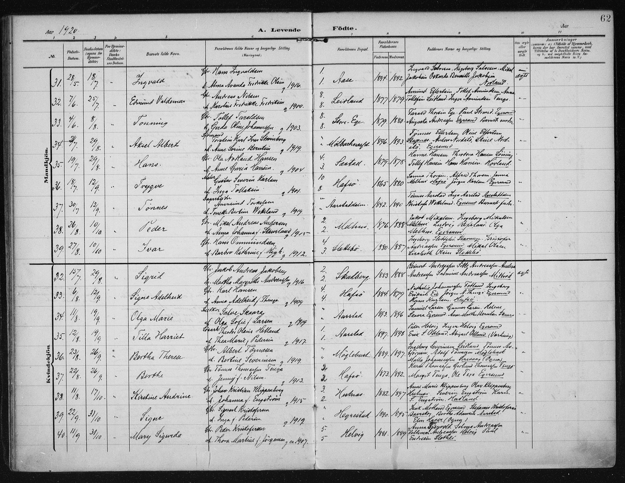 Eigersund sokneprestkontor, AV/SAST-A-101807/S08/L0021: Parish register (official) no. A 20, 1906-1928, p. 62