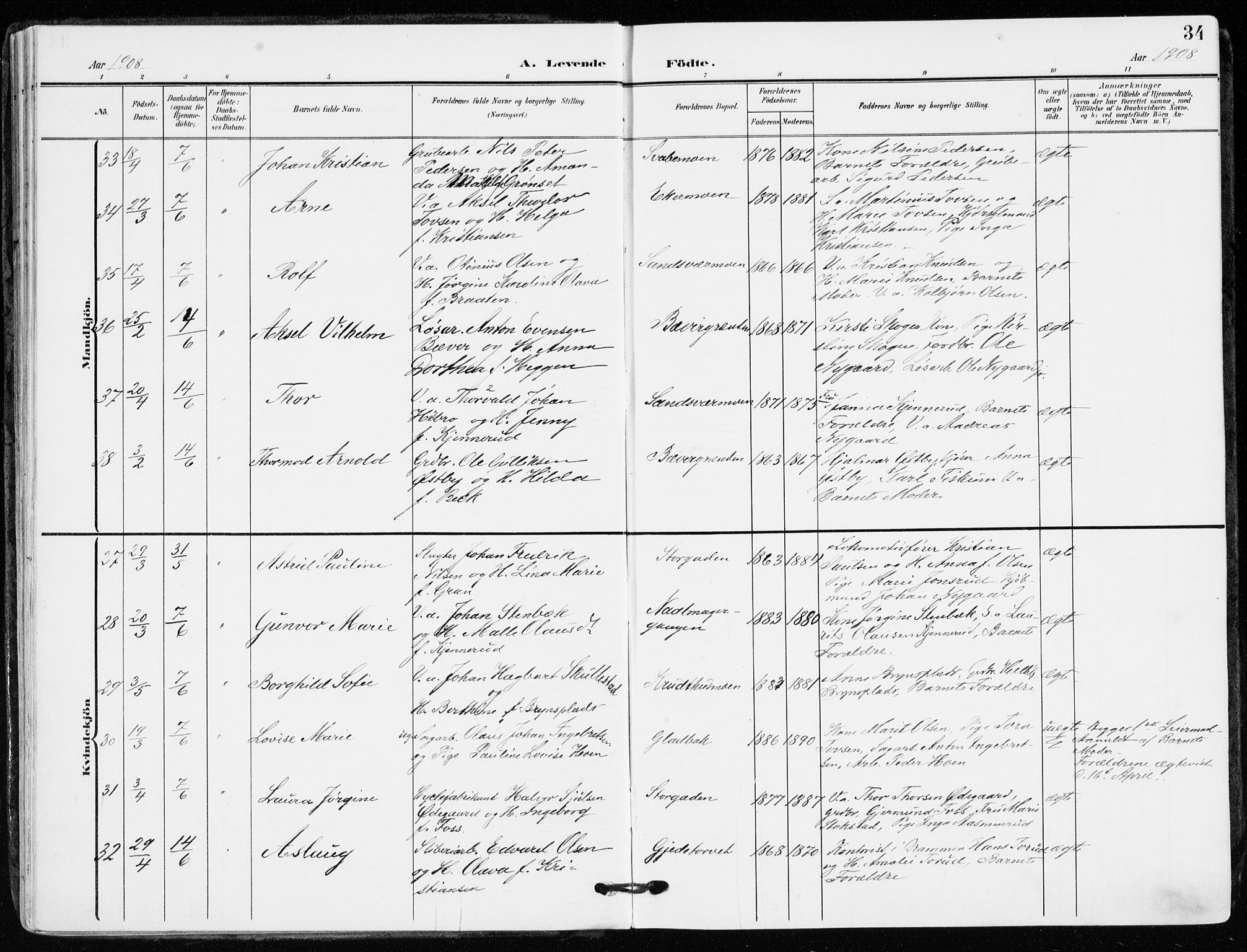 Kongsberg kirkebøker, SAKO/A-22/F/Fb/L0004: Parish register (official) no. II 4, 1906-1918, p. 34