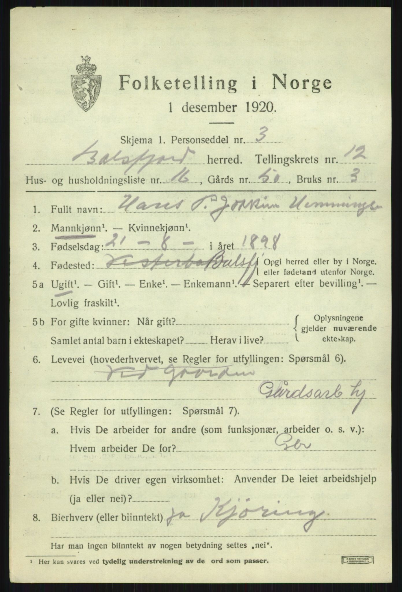 SATØ, 1920 census for Balsfjord, 1920, p. 7443