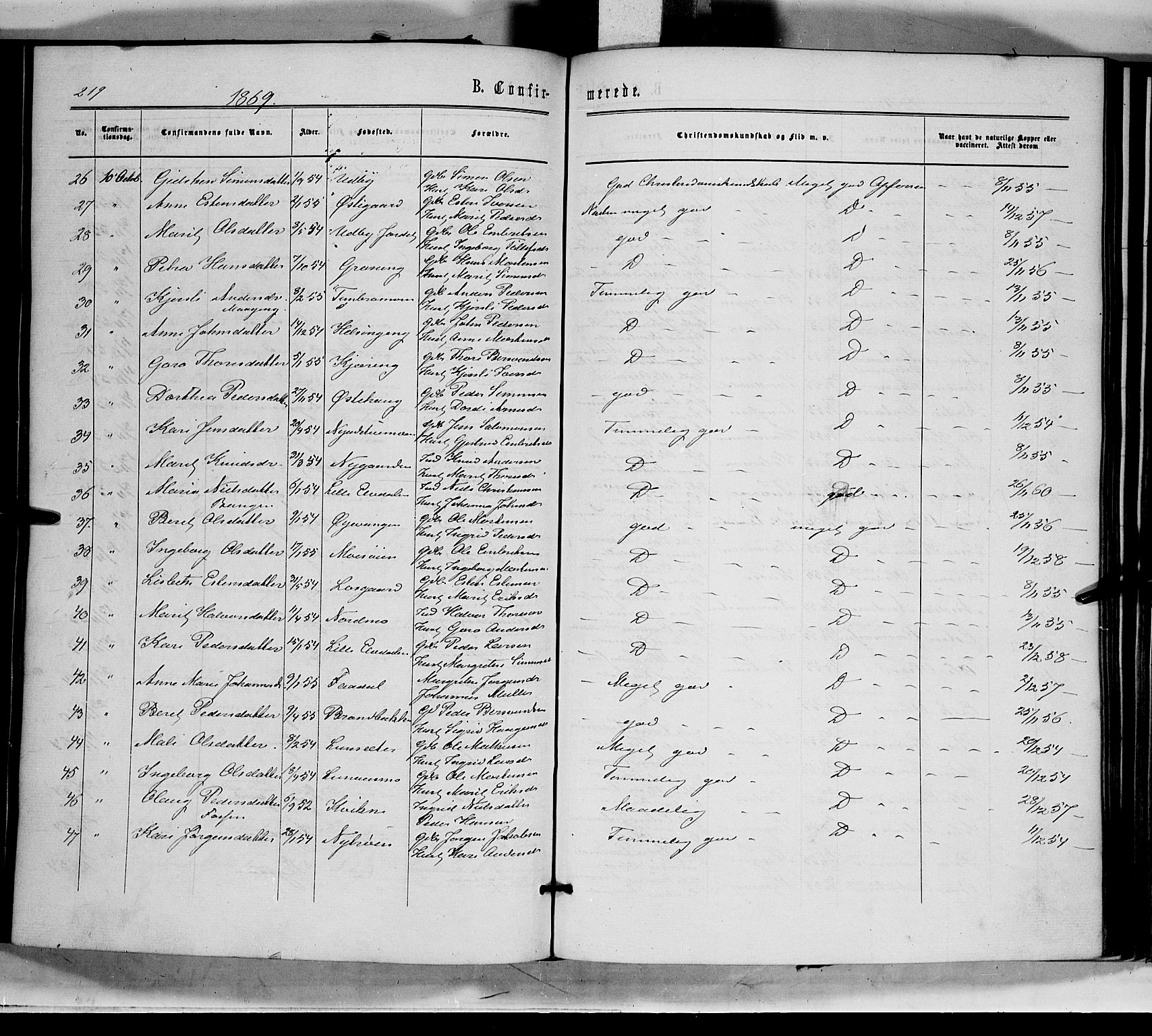 Tynset prestekontor, AV/SAH-PREST-058/H/Ha/Haa/L0021: Parish register (official) no. 21, 1863-1879, p. 219