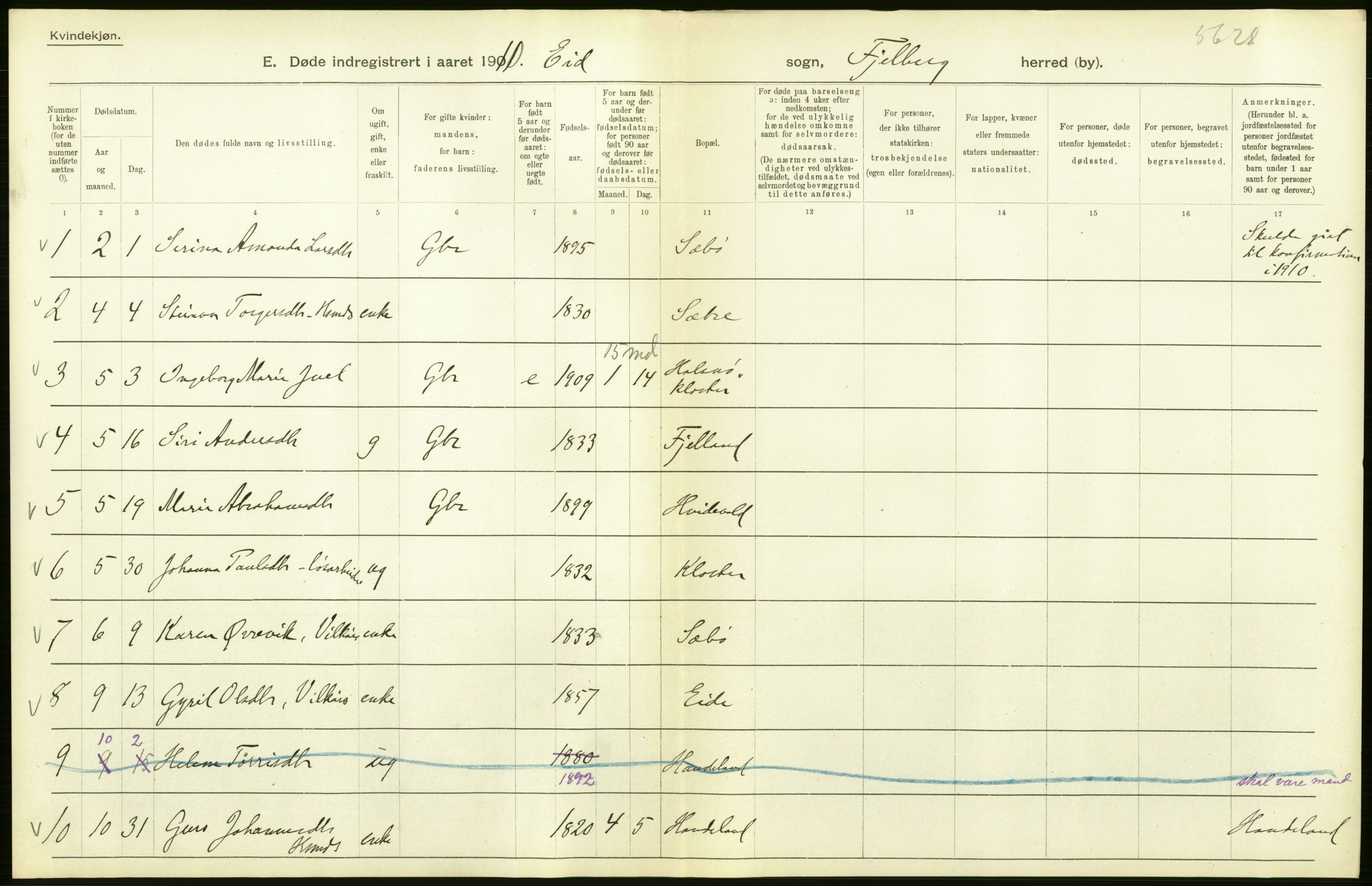 Statistisk sentralbyrå, Sosiodemografiske emner, Befolkning, AV/RA-S-2228/D/Df/Dfa/Dfah/L0027: S. Bergenhus amt: Døde. Bygder., 1910, p. 44