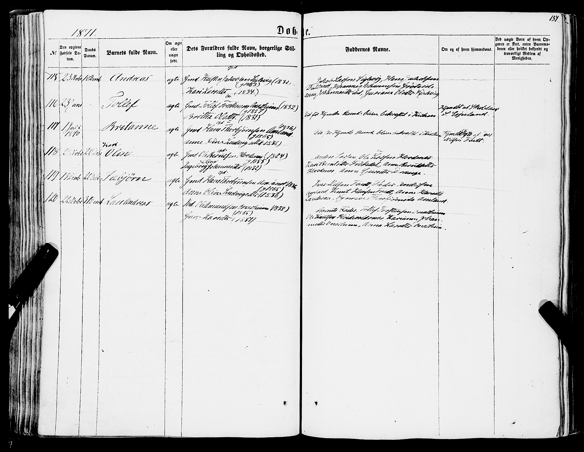 Tysnes sokneprestembete, AV/SAB-A-78601/H/Haa: Parish register (official) no. A 11, 1860-1871, p. 157