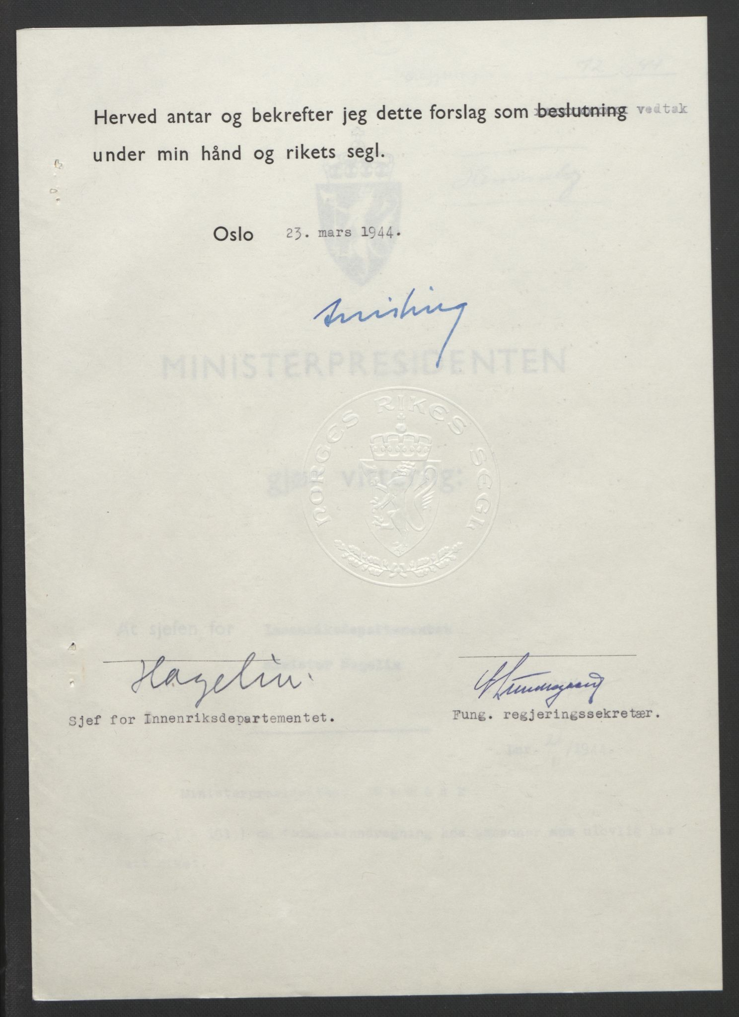 NS-administrasjonen 1940-1945 (Statsrådsekretariatet, de kommisariske statsråder mm), AV/RA-S-4279/D/Db/L0111/0003: Saker fra krigsårene / Journal, 1940-1945, p. 253