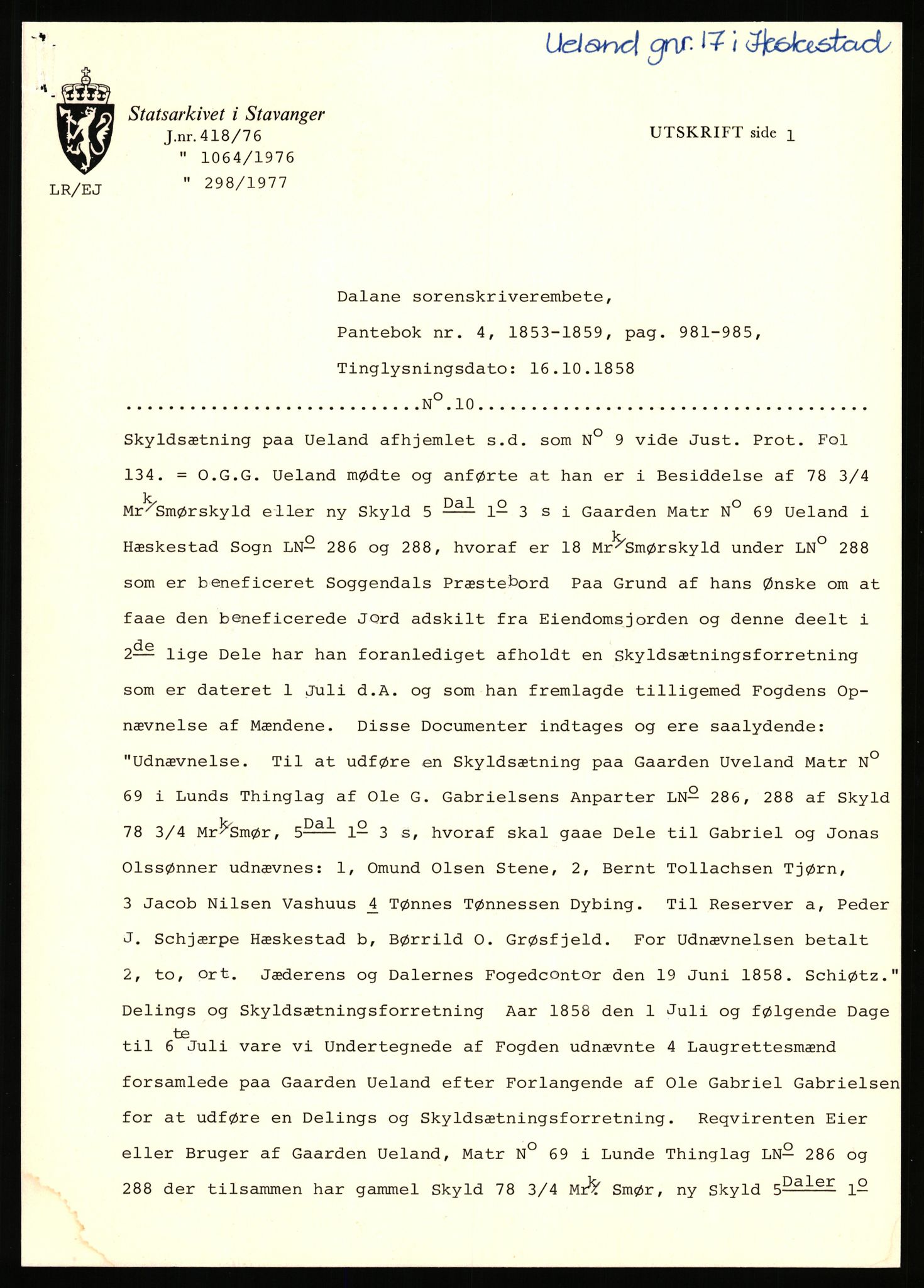 Statsarkivet i Stavanger, AV/SAST-A-101971/03/Y/Yj/L0090: Avskrifter sortert etter gårdsnavn: Tøtland - Underberge, 1750-1930, p. 195