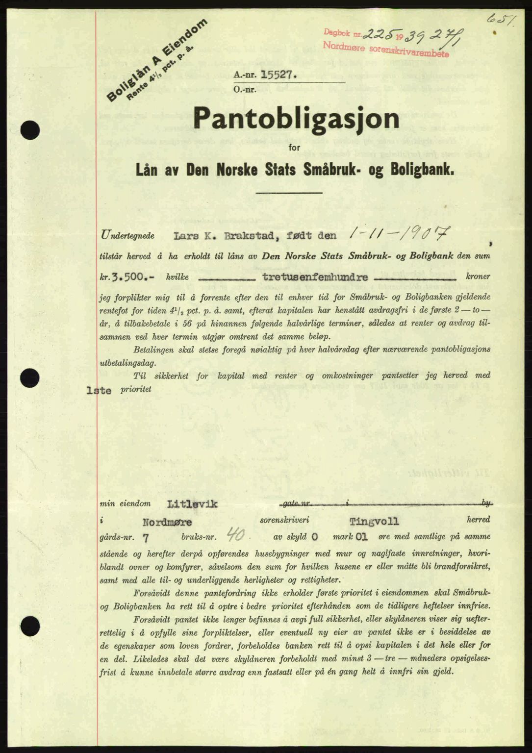 Nordmøre sorenskriveri, SAT/A-4132/1/2/2Ca: Mortgage book no. B84, 1938-1939, Diary no: : 225/1939