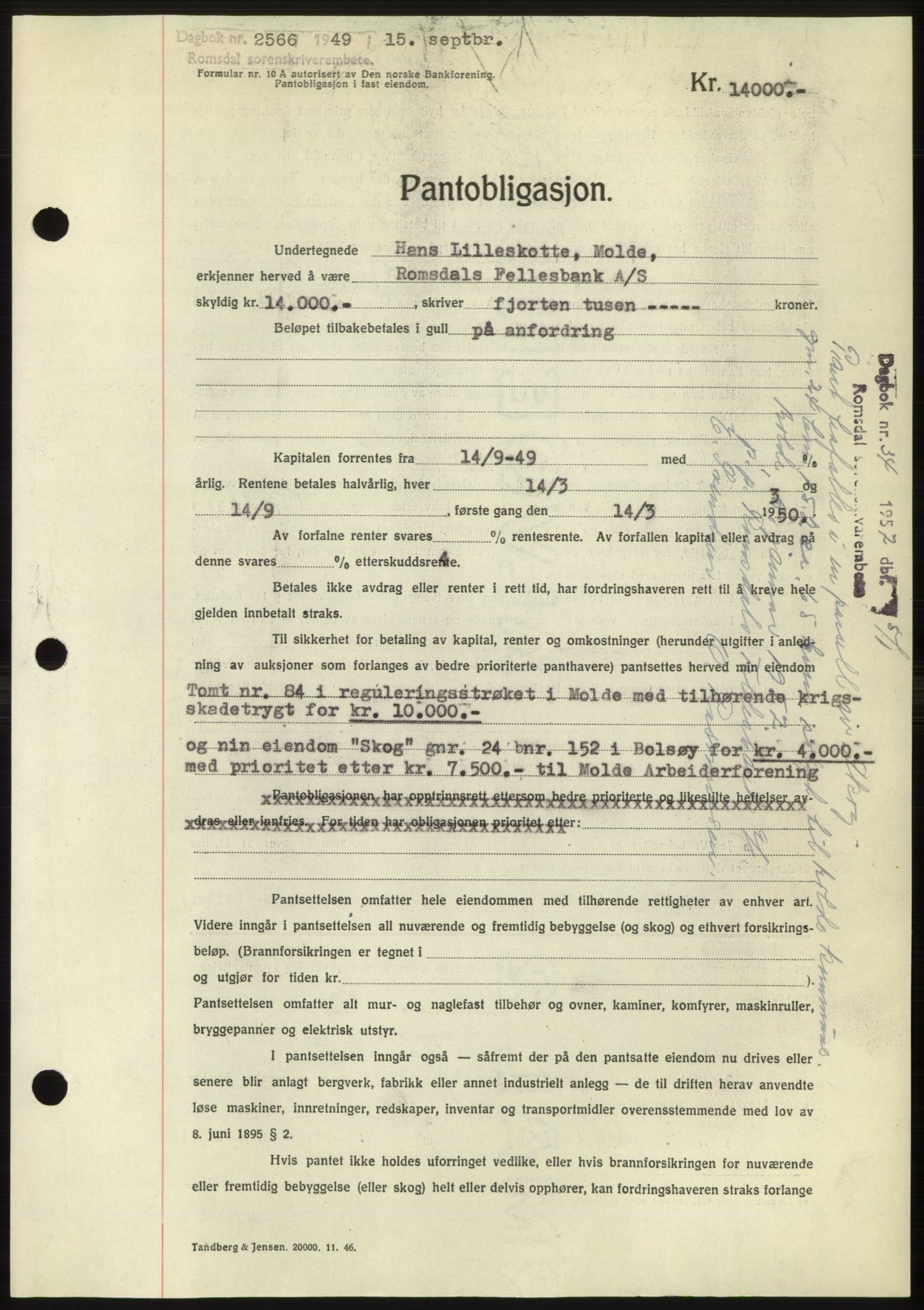 Romsdal sorenskriveri, AV/SAT-A-4149/1/2/2C: Mortgage book no. B4, 1948-1949, Diary no: : 2566/1949