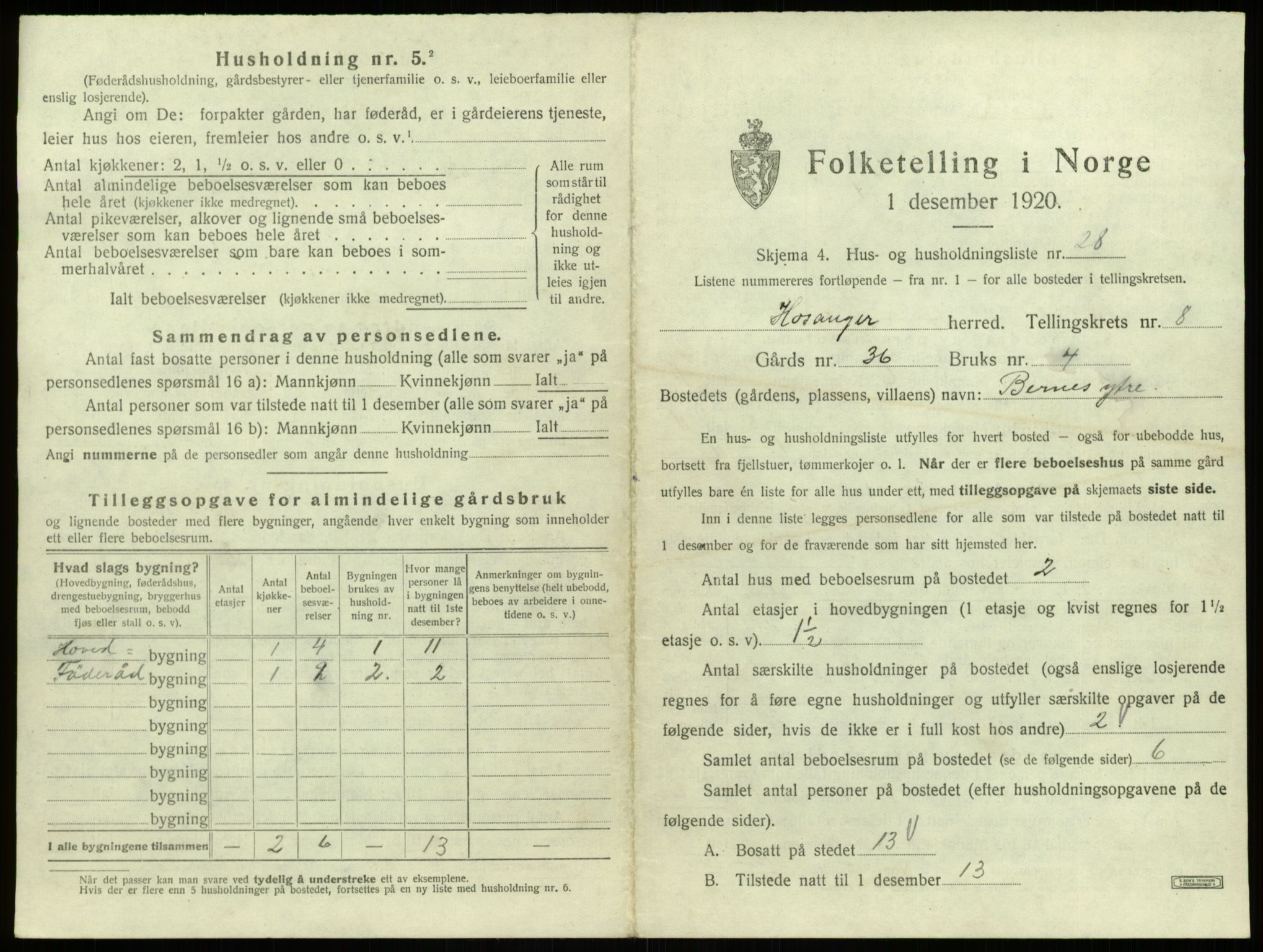 SAB, 1920 census for Hosanger, 1920, p. 480