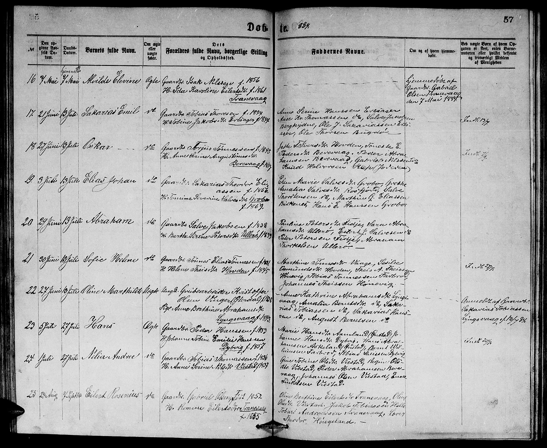 Herad sokneprestkontor, AV/SAK-1111-0018/F/Fb/Fbb/L0003: Parish register (copy) no. B 3, 1872-1889, p. 57