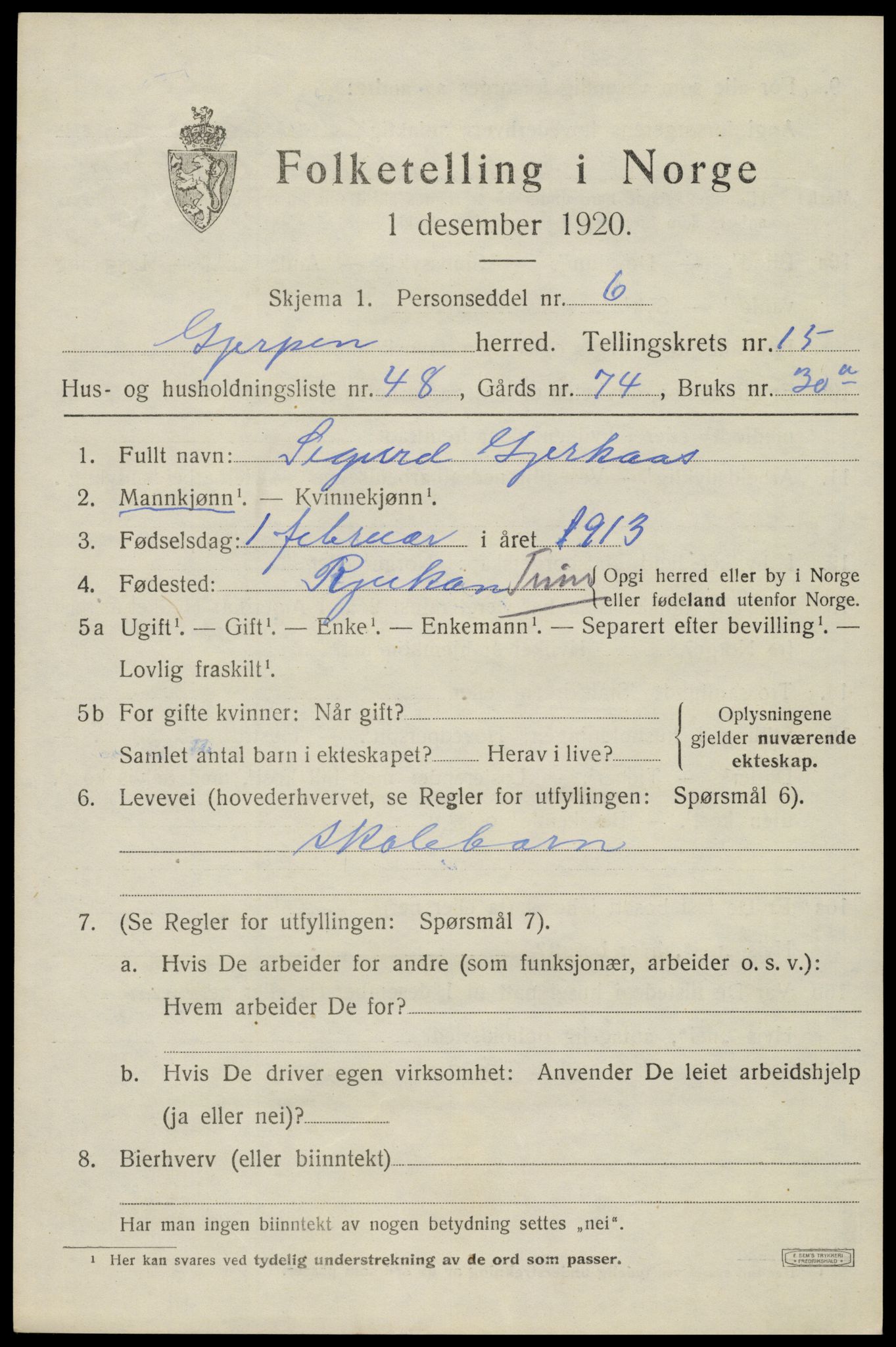 SAKO, 1920 census for Gjerpen, 1920, p. 17826