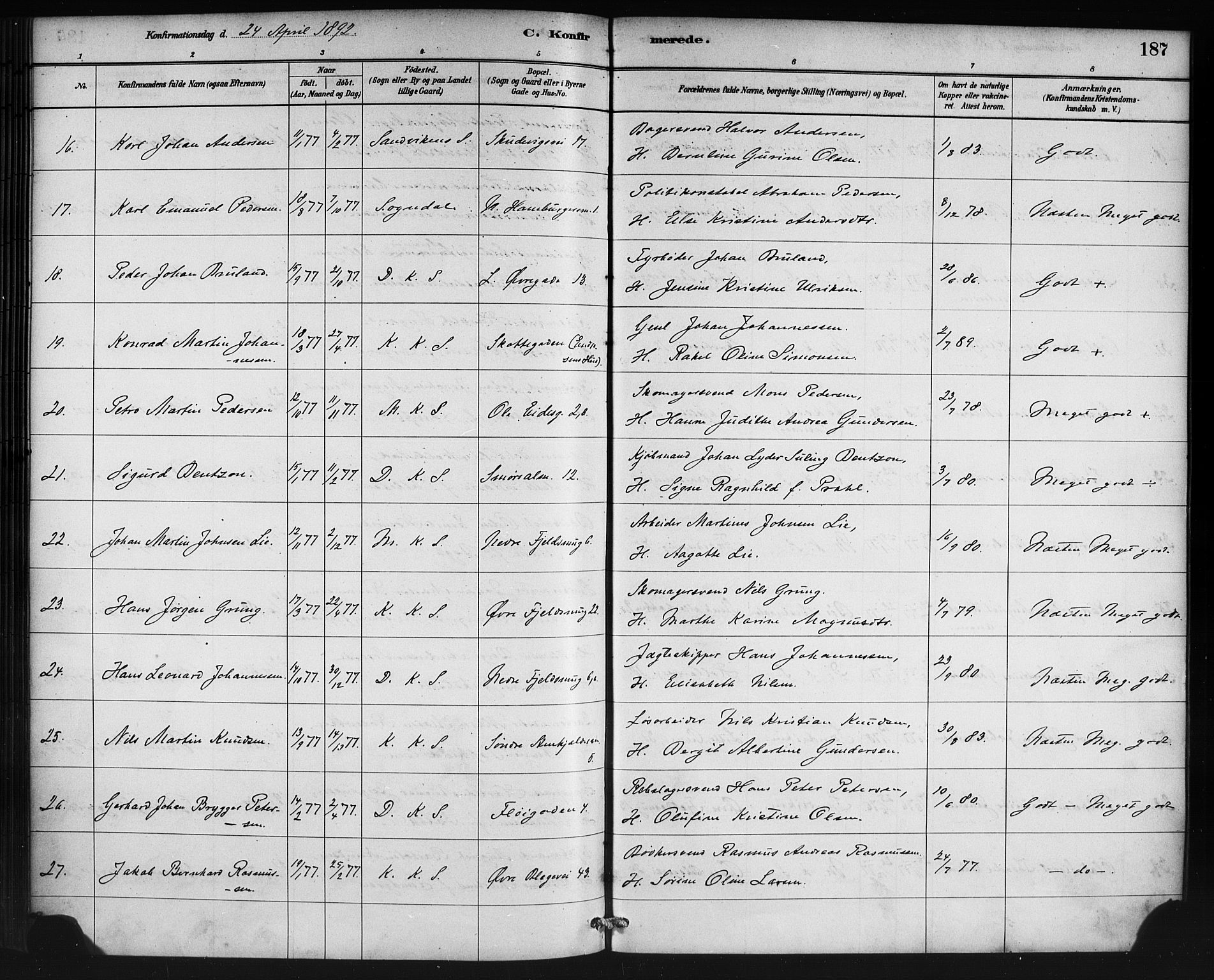 Korskirken sokneprestembete, AV/SAB-A-76101/H/Haa/L0029: Parish register (official) no. C 5, 1880-1892, p. 187