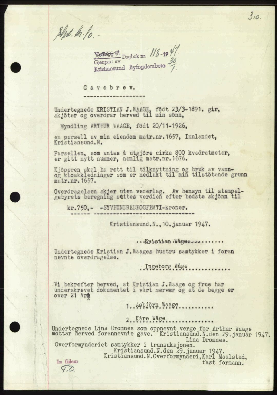 Kristiansund byfogd, AV/SAT-A-4587/A/27: Mortgage book no. 39b, 1946-1947, Diary no: : 118/1947
