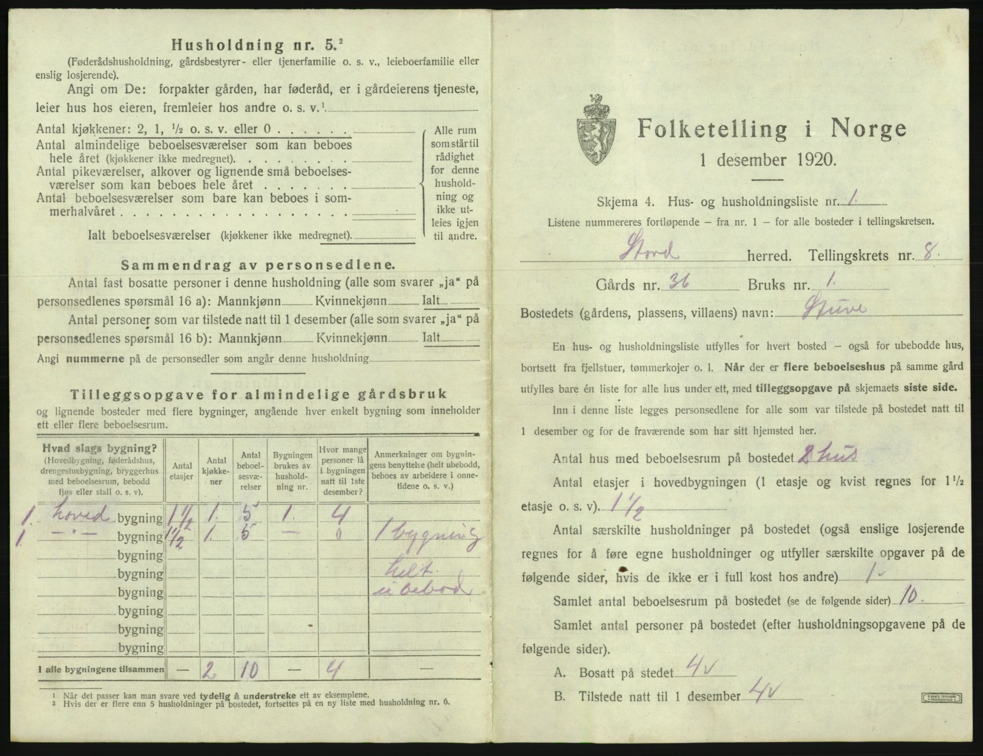 SAB, 1920 census for Stord, 1920, p. 484