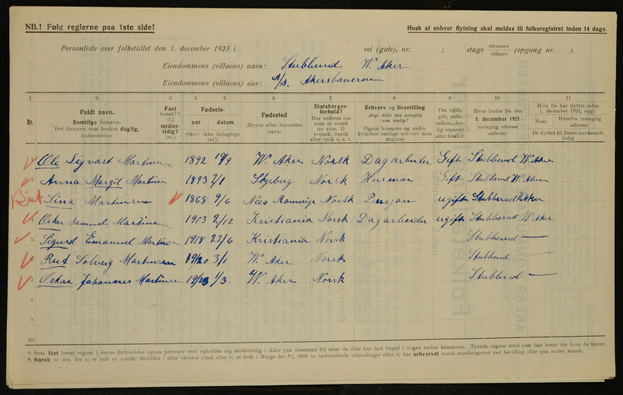 , Municipal Census 1923 for Aker, 1923, p. 17896