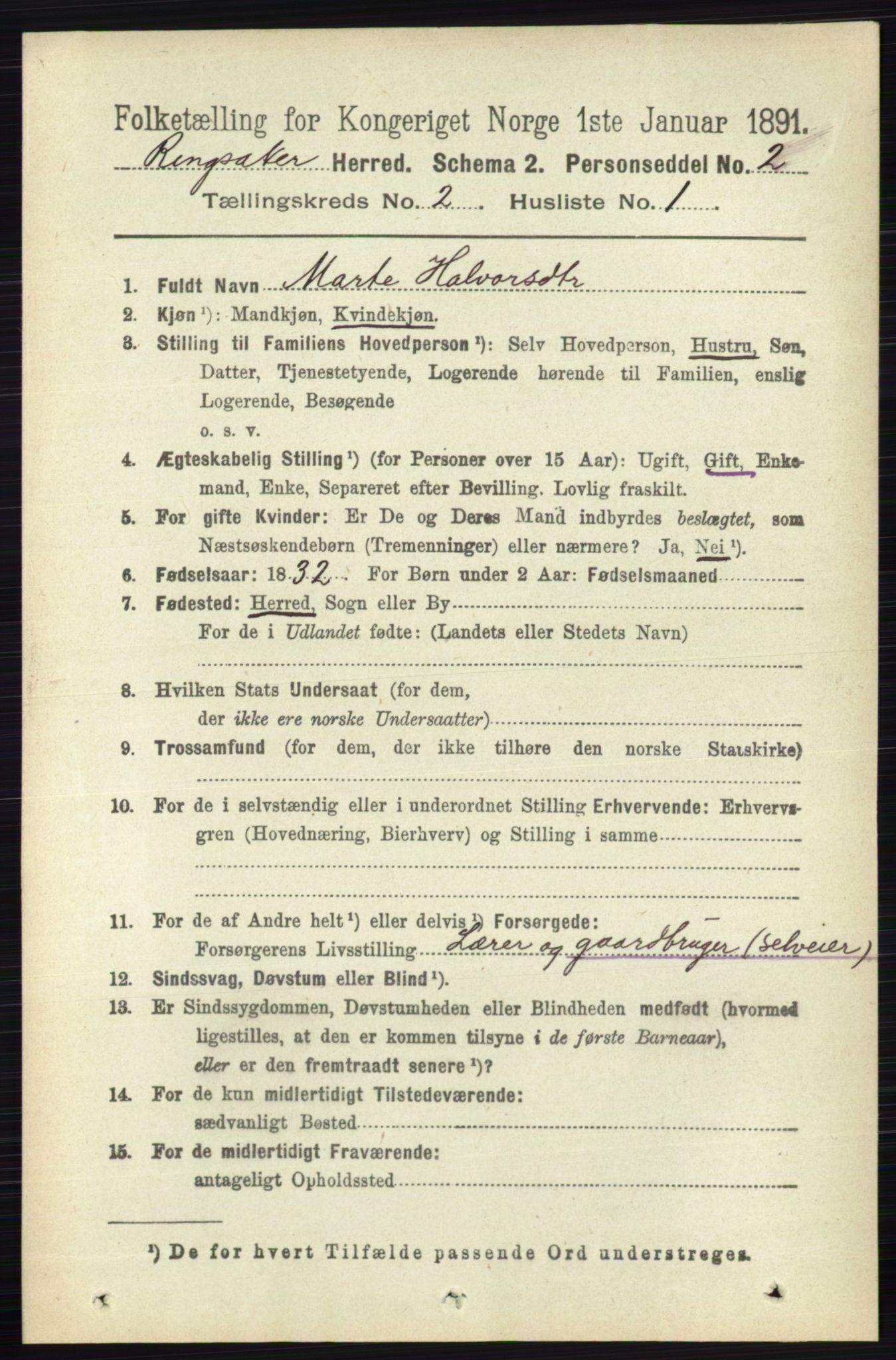 RA, 1891 census for 0412 Ringsaker, 1891, p. 820