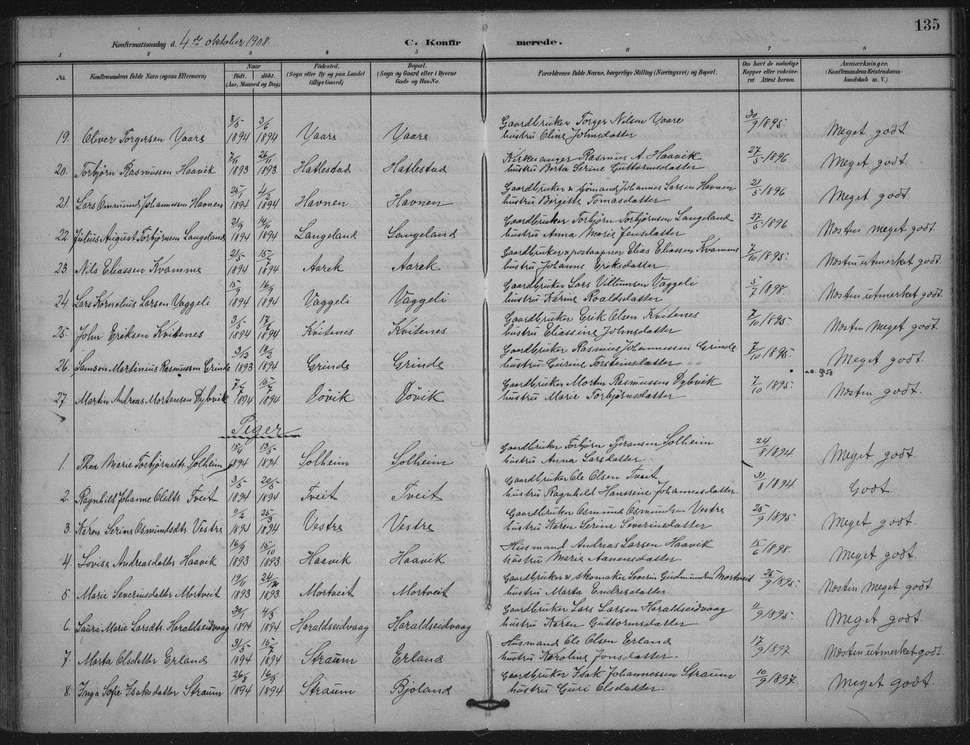 Skjold sokneprestkontor, AV/SAST-A-101847/H/Ha/Haa/L0011: Parish register (official) no. A 11, 1897-1914, p. 135