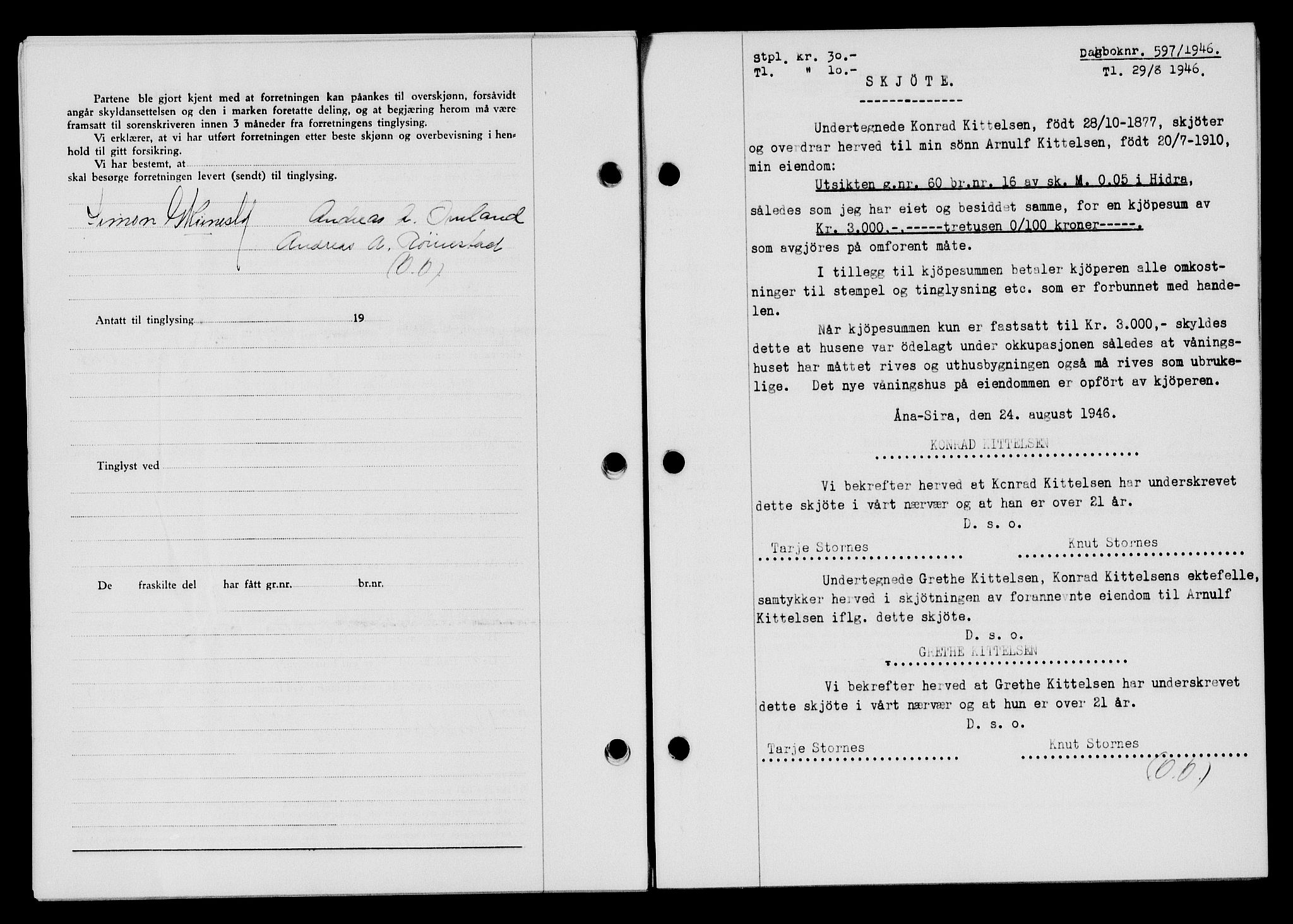 Flekkefjord sorenskriveri, AV/SAK-1221-0001/G/Gb/Gba/L0060: Mortgage book no. A-8, 1945-1946, Diary no: : 597/1946