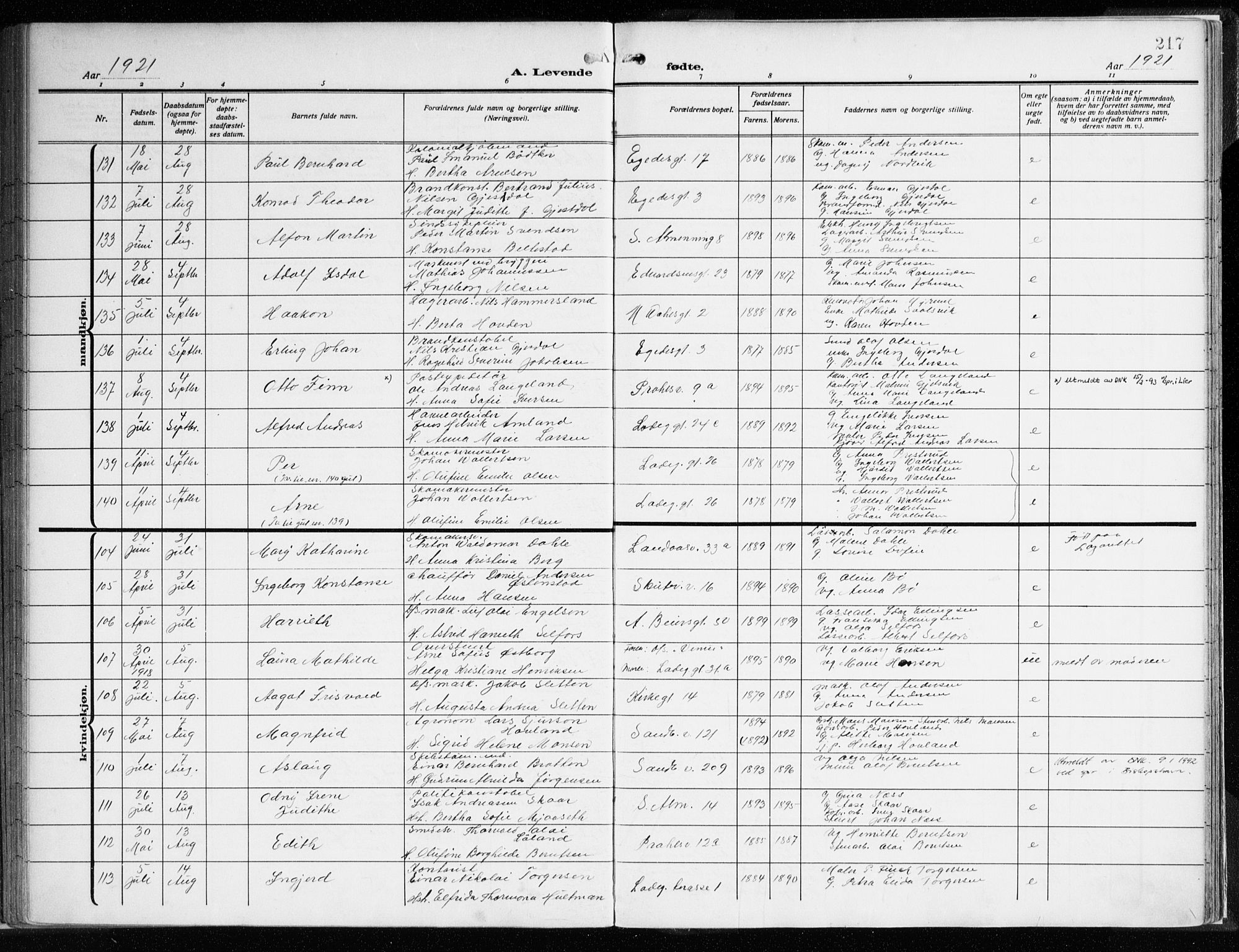 Sandviken Sokneprestembete, AV/SAB-A-77601/H/Ha/L0007: Parish register (official) no. B 4, 1912-1924, p. 217