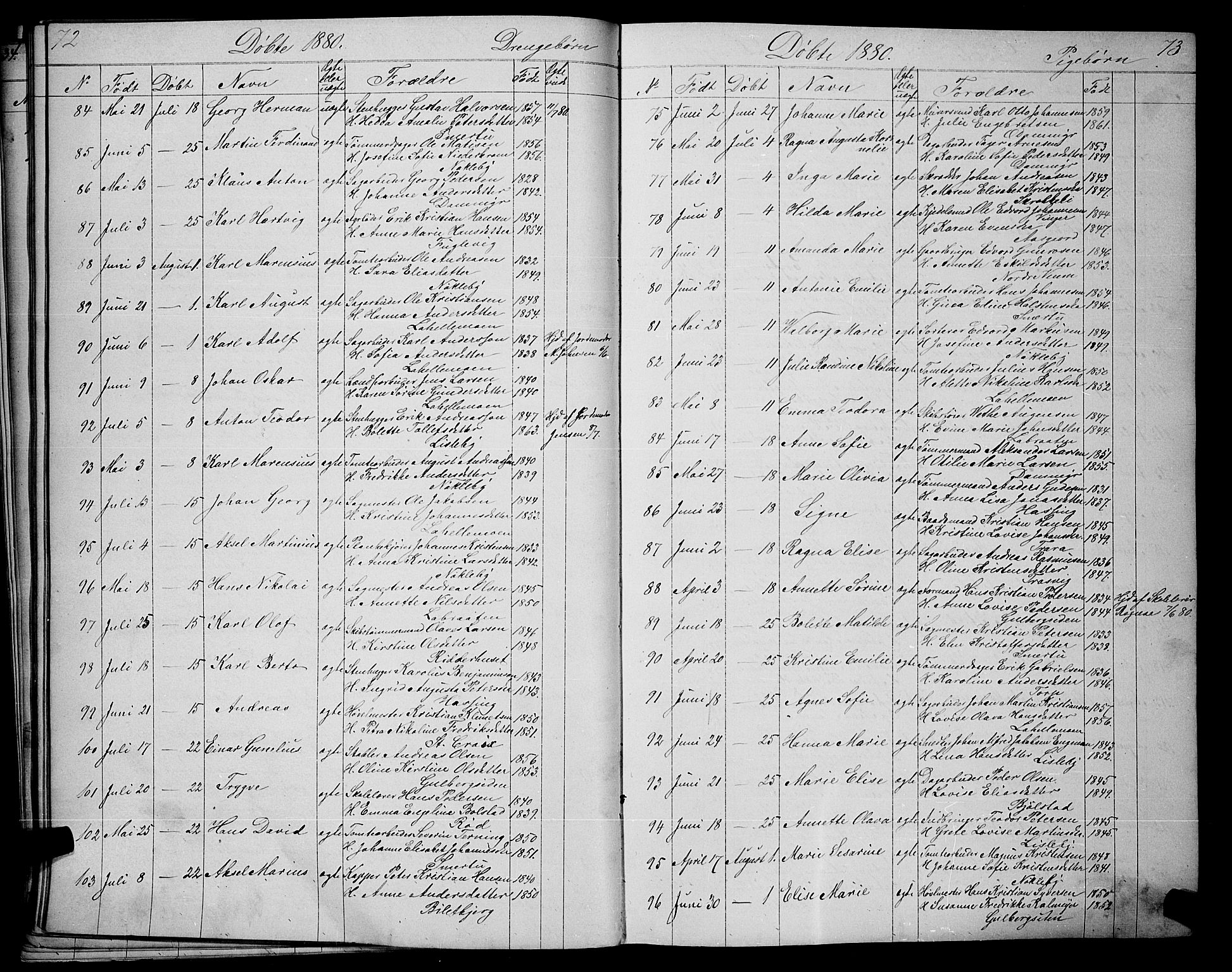 Glemmen prestekontor Kirkebøker, AV/SAO-A-10908/G/Ga/L0005: Parish register (copy) no. 5, 1876-1893, p. 72-73