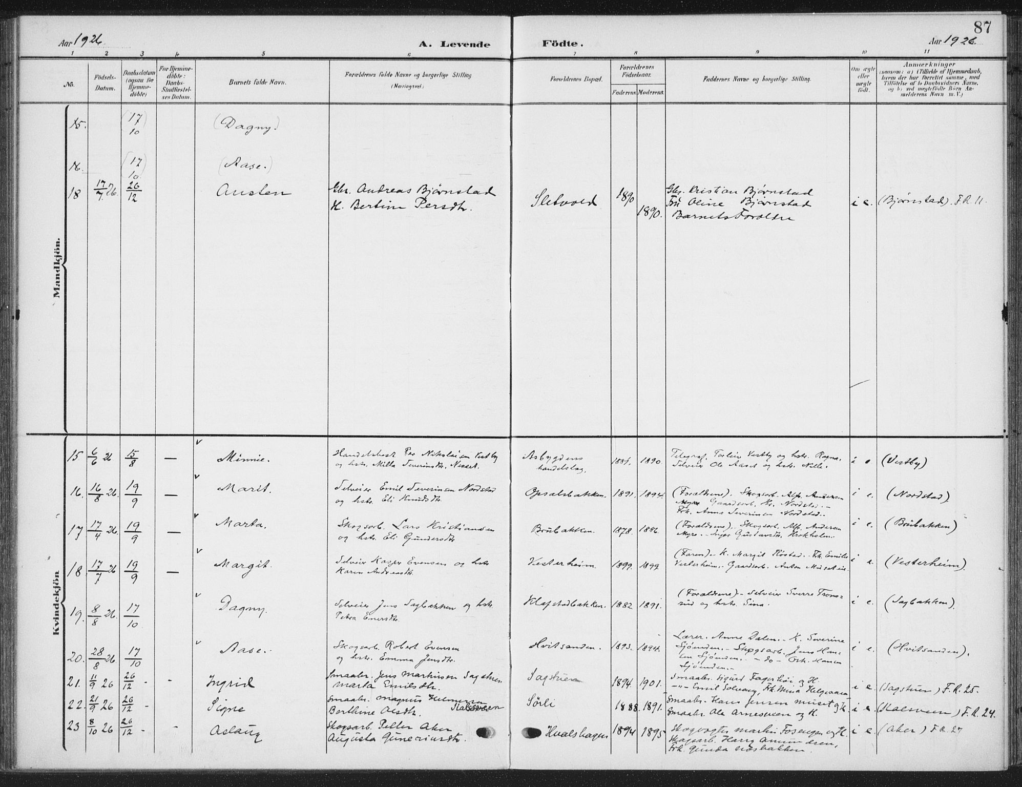 Romedal prestekontor, AV/SAH-PREST-004/K/L0009: Parish register (official) no. 9, 1906-1929, p. 87