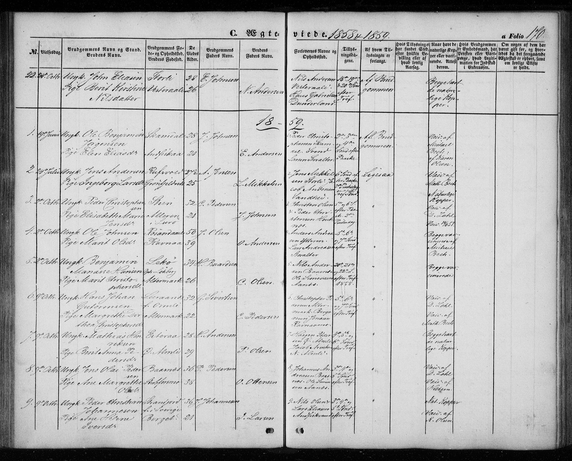 Ministerialprotokoller, klokkerbøker og fødselsregistre - Nordland, AV/SAT-A-1459/827/L0392: Parish register (official) no. 827A04, 1853-1866, p. 170