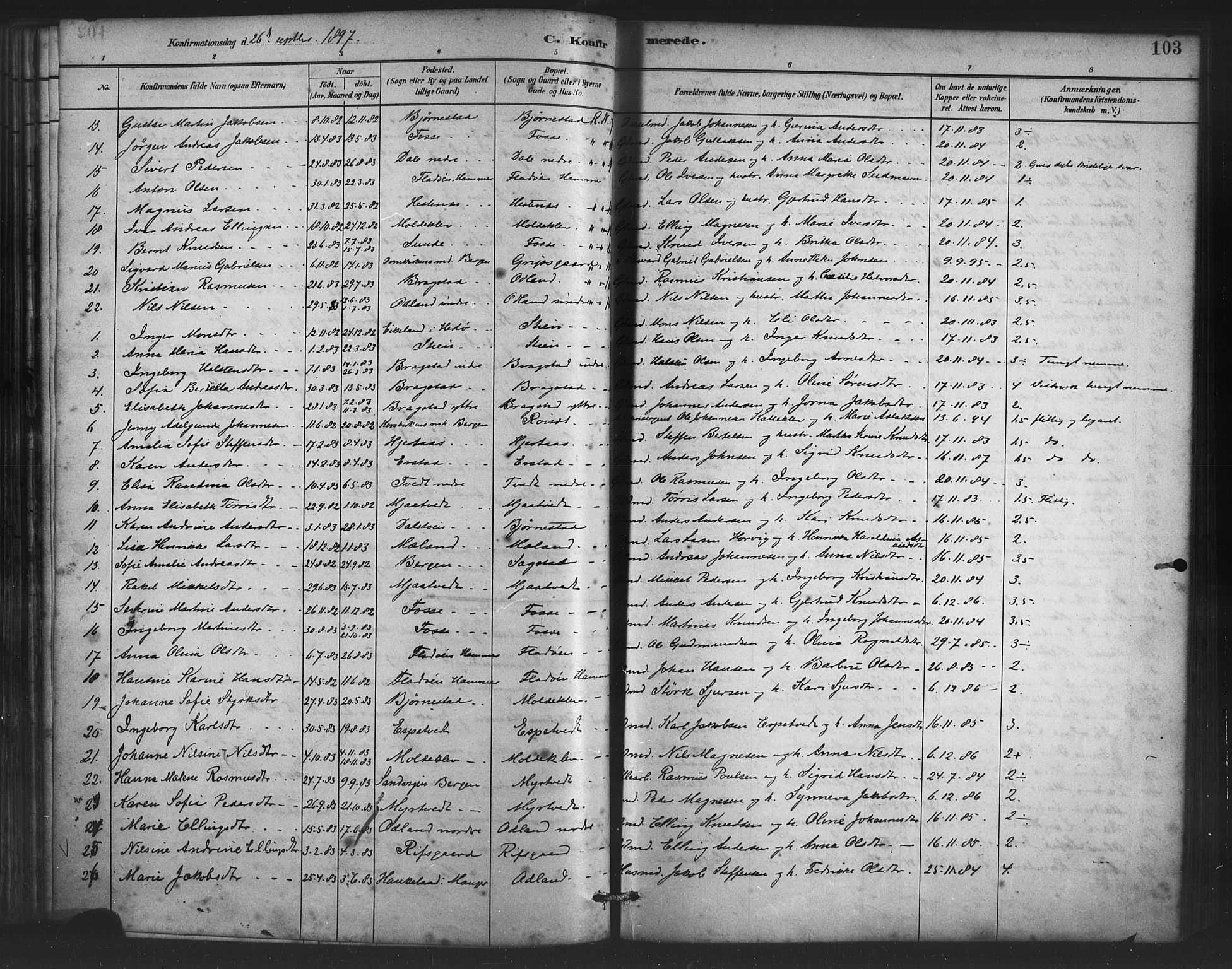 Alversund Sokneprestembete, AV/SAB-A-73901/H/Ha/Haa/Haac/L0001: Parish register (official) no. C 1, 1882-1900, p. 103