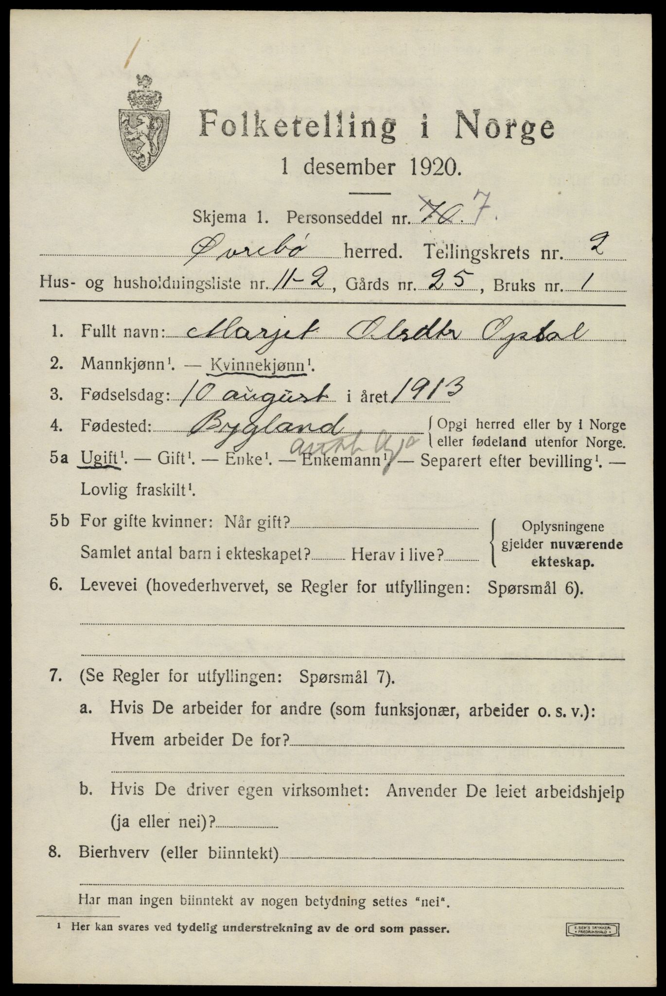 SAK, 1920 census for Øvrebø, 1920, p. 664