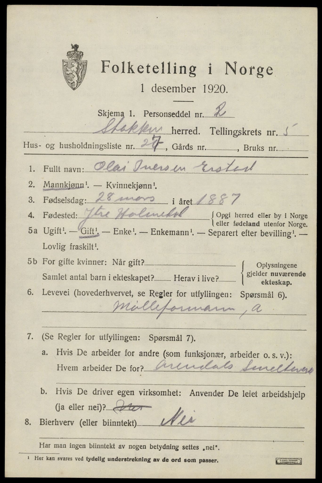 SAK, 1920 census for Stokken, 1920, p. 3708