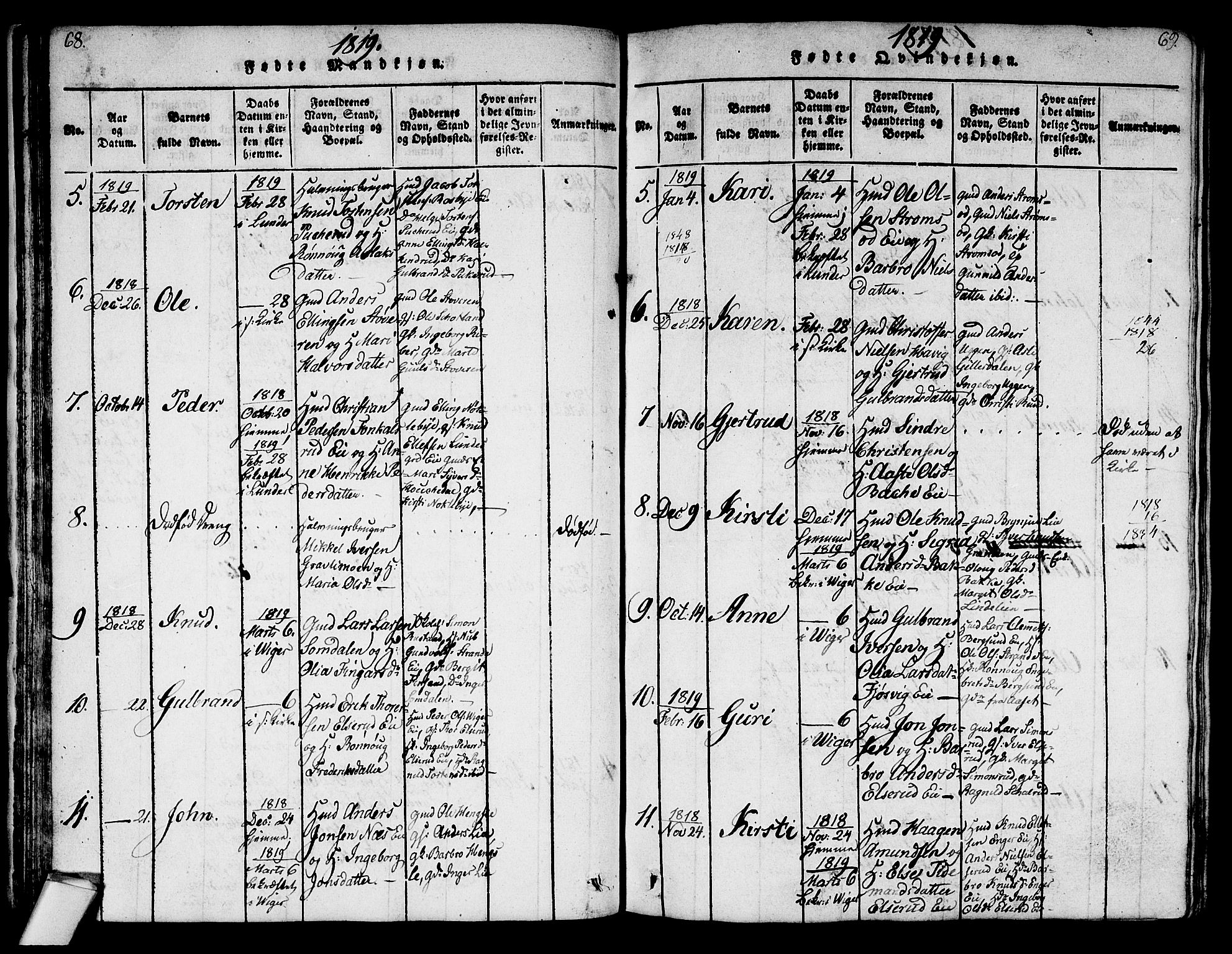 Norderhov kirkebøker, AV/SAKO-A-237/G/Ga/L0003: Parish register (copy) no. I 3 /2, 1814-1876, p. 68-69