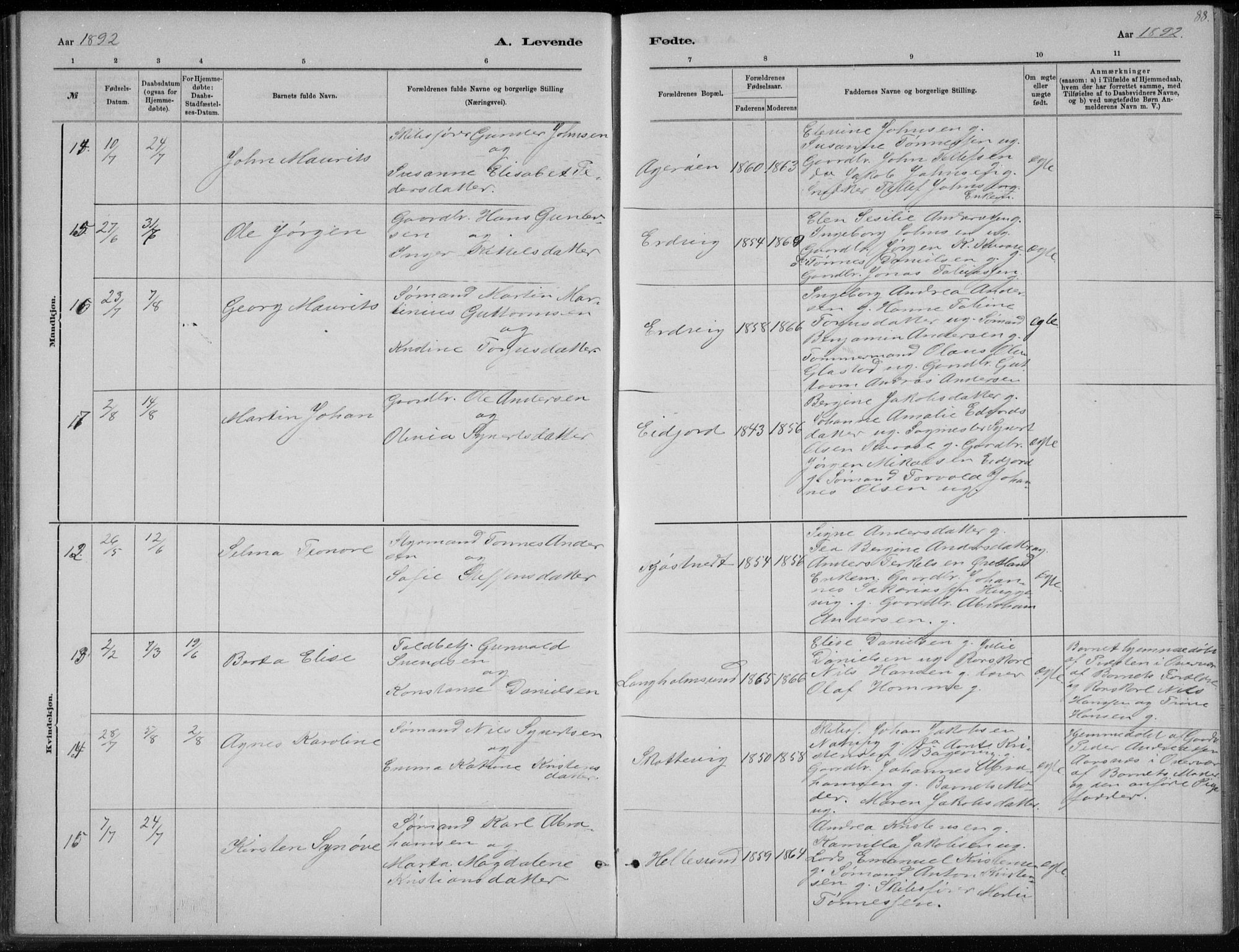 Høvåg sokneprestkontor, AV/SAK-1111-0025/F/Fb/L0004: Parish register (copy) no. B 4, 1883-1898, p. 88