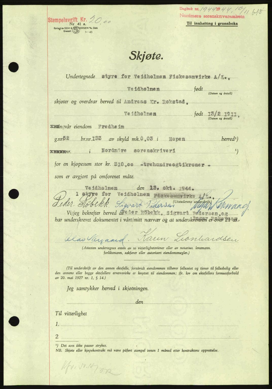 Nordmøre sorenskriveri, AV/SAT-A-4132/1/2/2Ca: Mortgage book no. A98, 1944-1944, Diary no: : 1944/1944