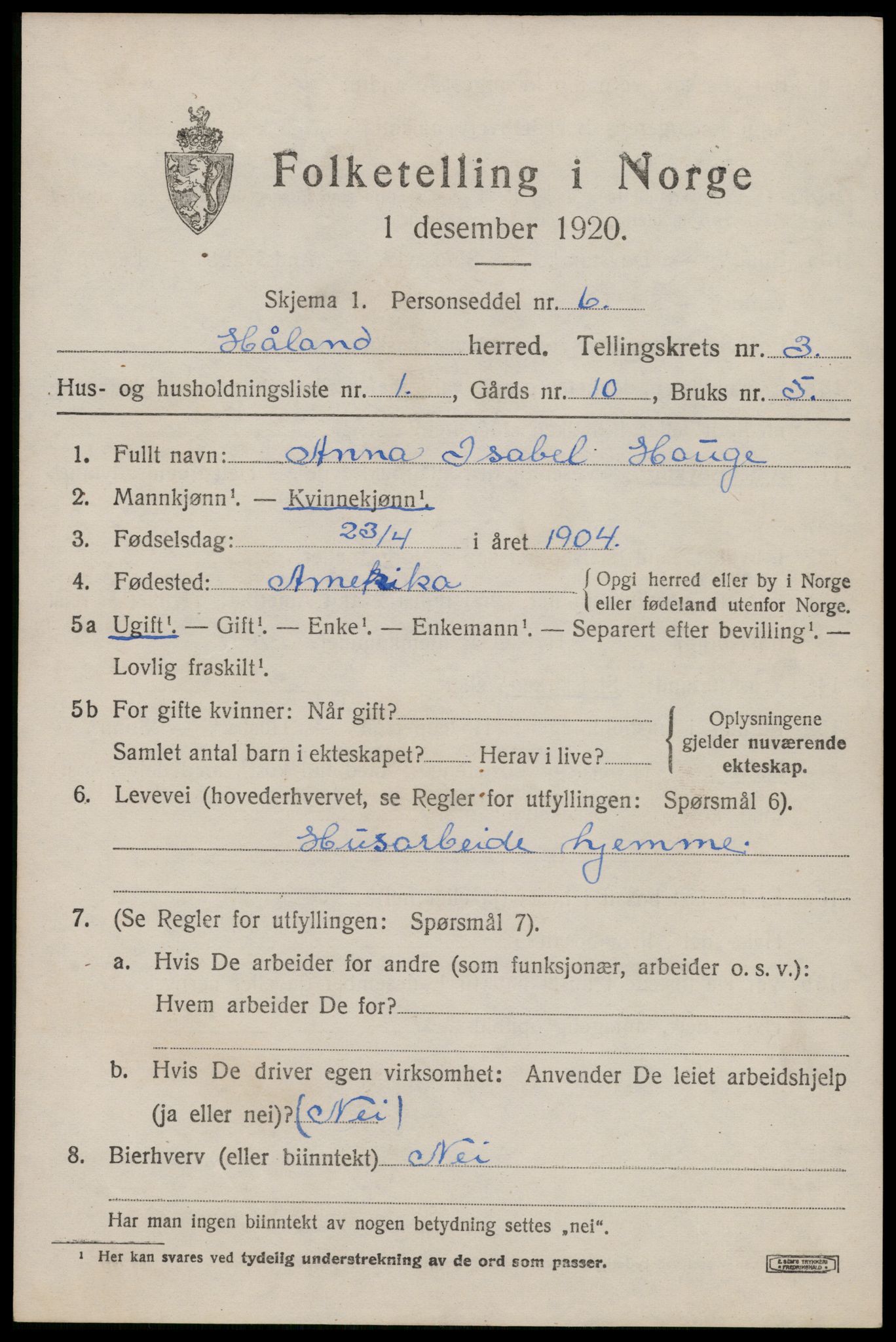 SAST, 1920 census for Håland, 1920, p. 3019