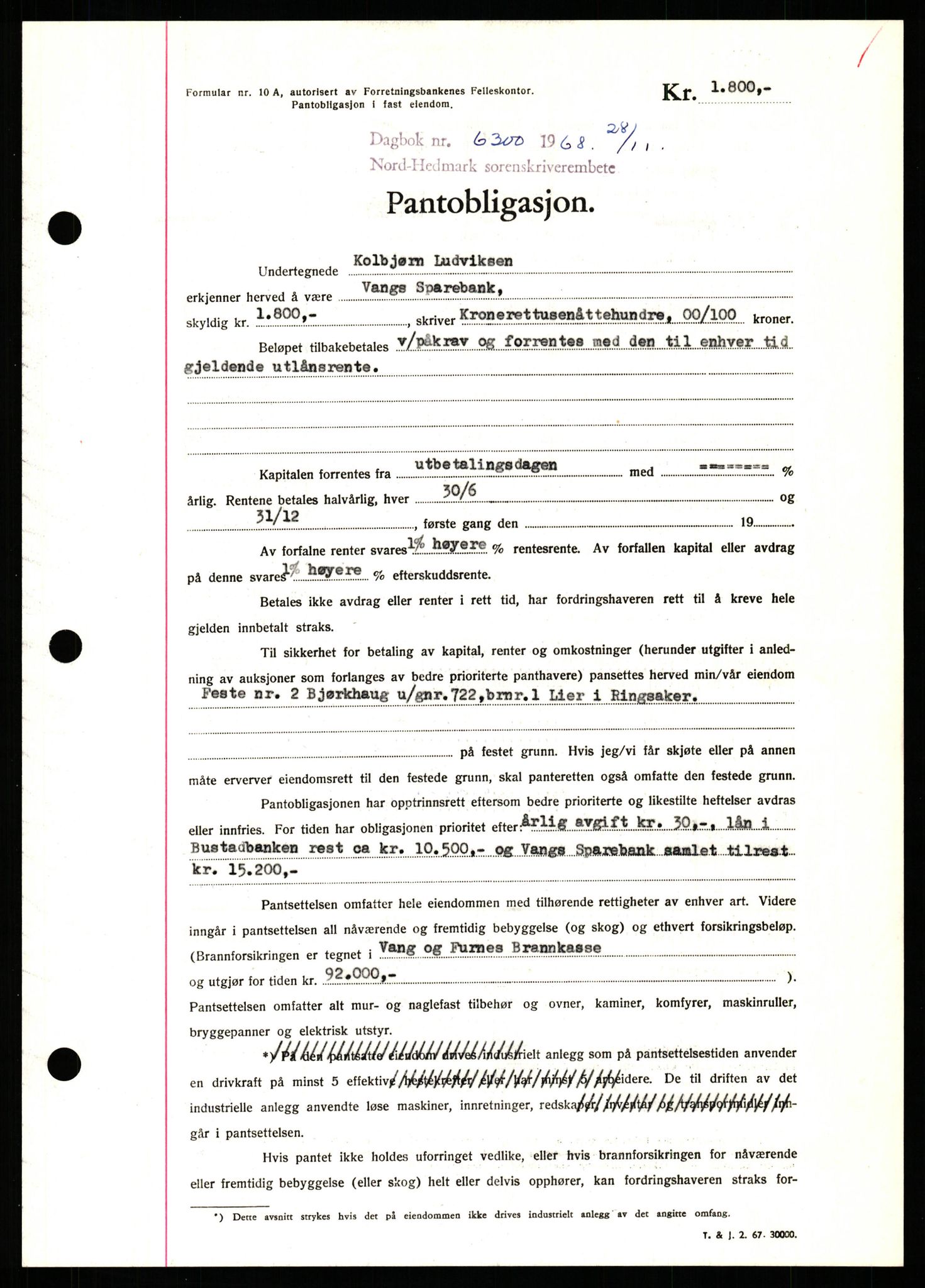 Nord-Hedmark sorenskriveri, SAH/TING-012/H/Hb/Hbf/L0077: Mortgage book no. B77, 1968-1969, Diary no: : 6300/1968